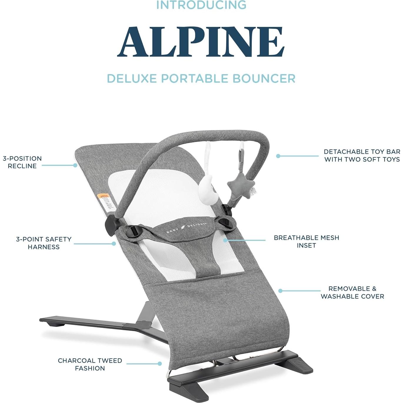 Bouncer Portátil Baby Delight Alpine Deluxe Tweed Carbón 0-6 meses