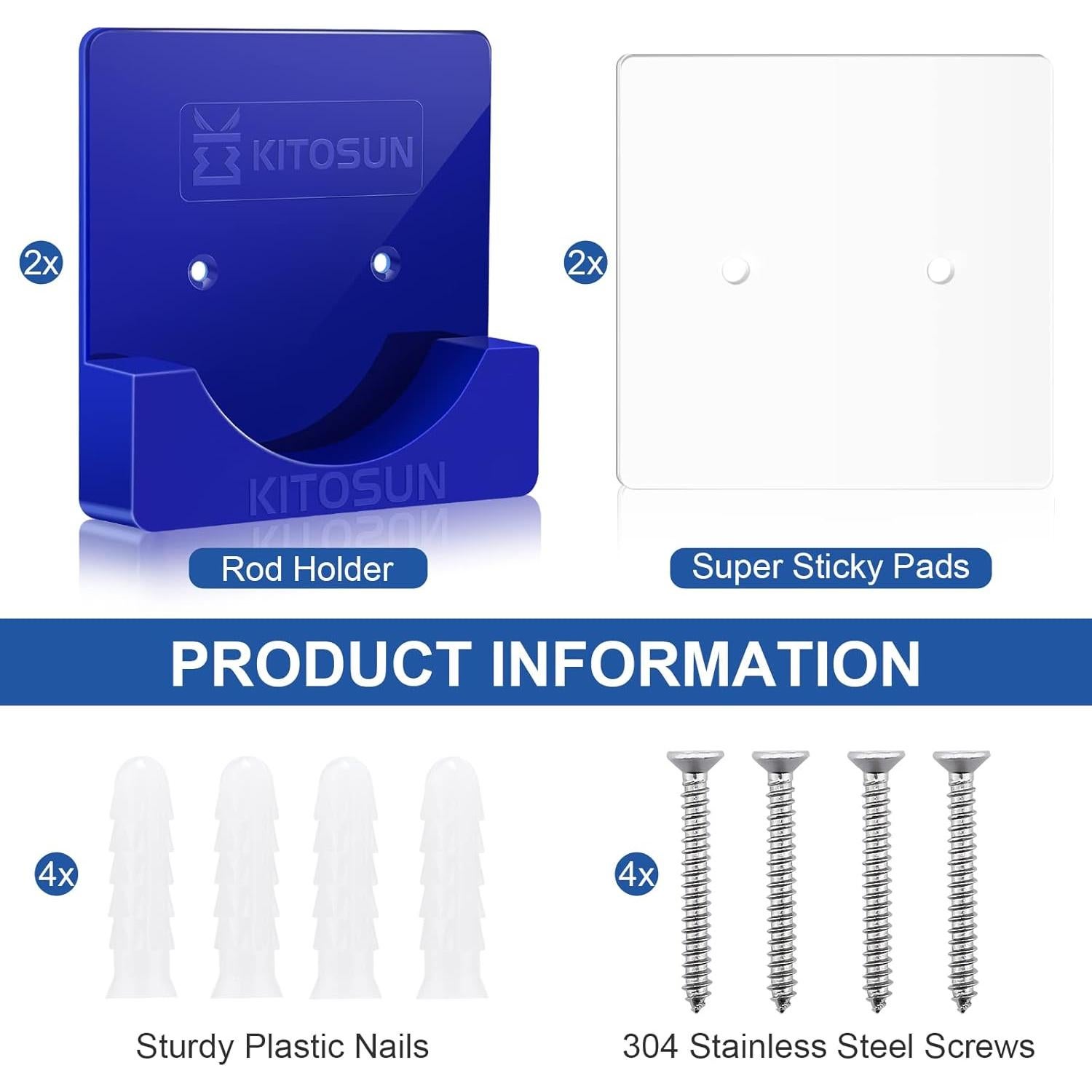 Adhesive Shower Curtain Rod Holder – Kitosun Wall Mount Bathroom Tension Pole Retainer Brackets with Super Sticky Tape for Quick Stick and Stainless Steel Screws for Drilling Installation (Royal Blue)