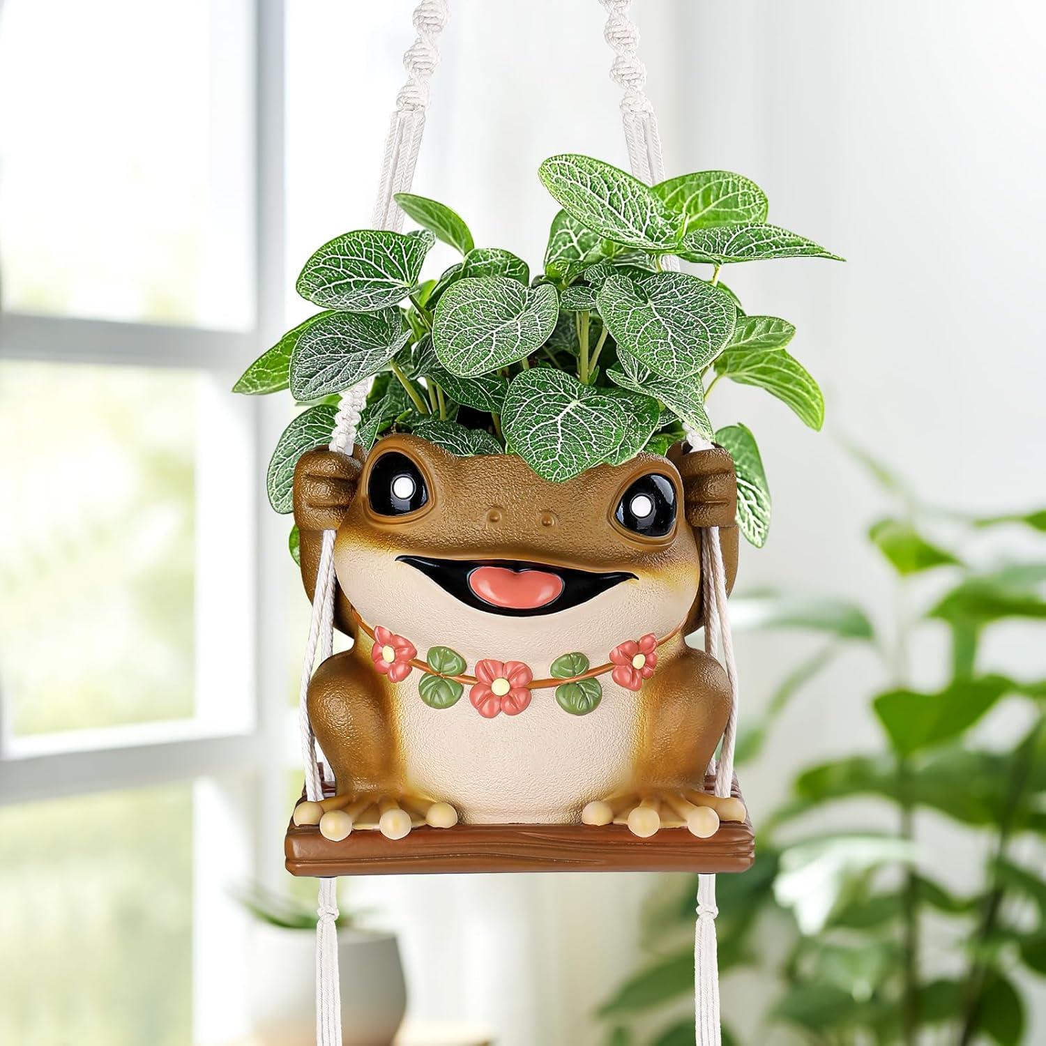 Maceta Colgante de Rana GUGUGO con Drenaje 12.5cm Marrón