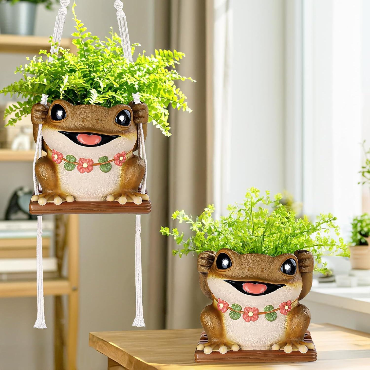 Maceta Colgante de Rana GUGUGO con Drenaje 12.5cm Marrón