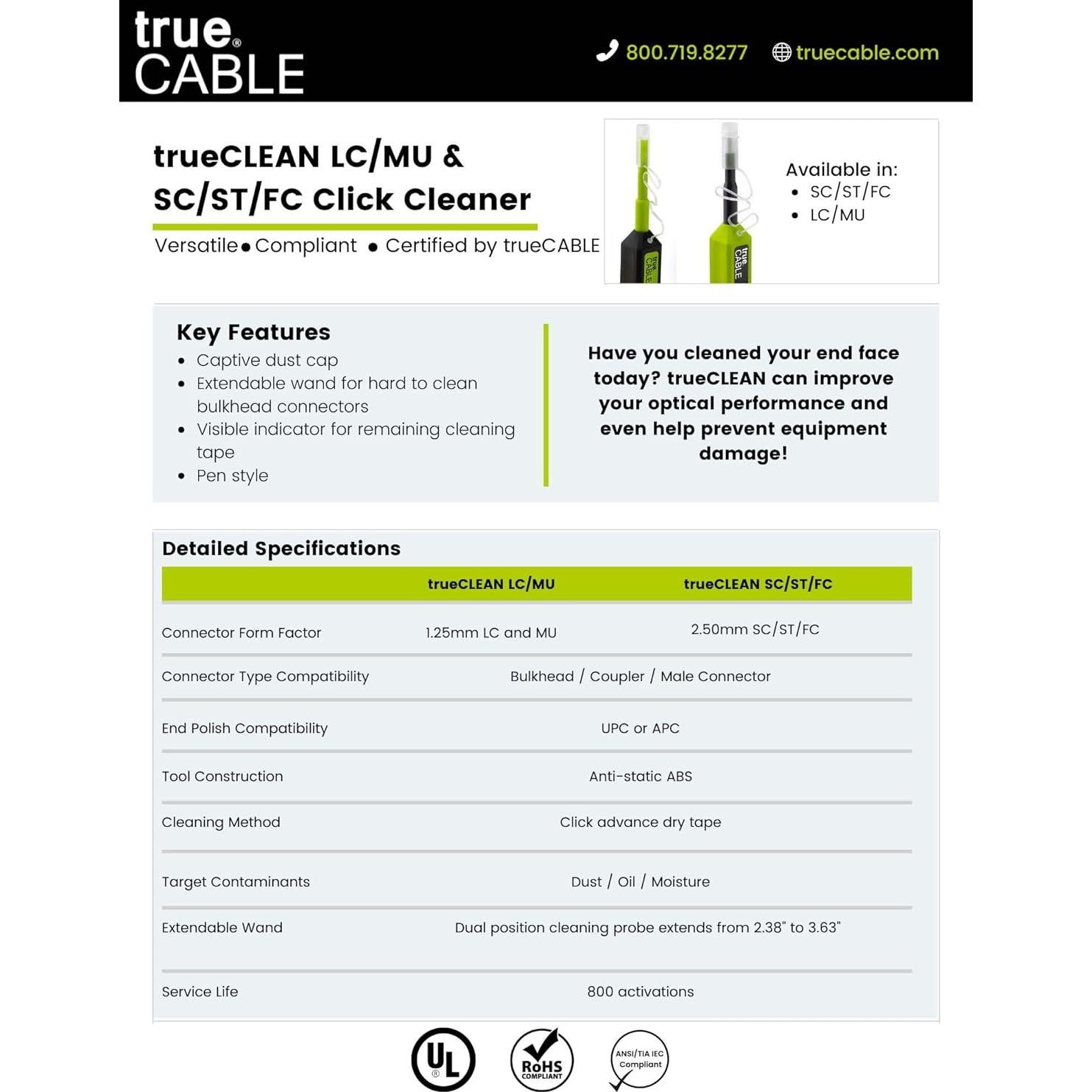 Limpiador de Punta de Fibra Óptica trueCABLE LC/MU 800 Limpiezas