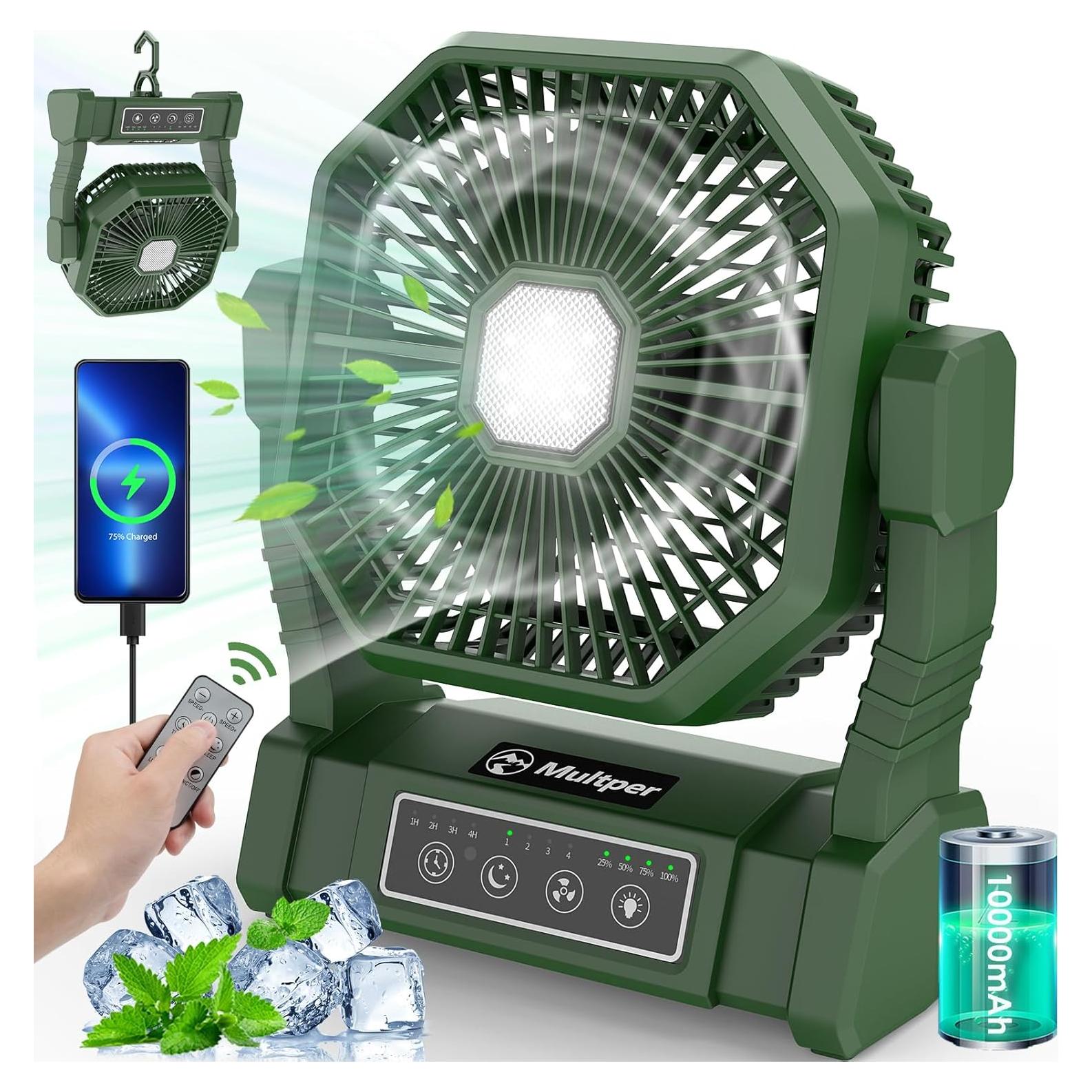 Ventilador de Camping Multper 10000mAh con Linterna LED y Control Remoto