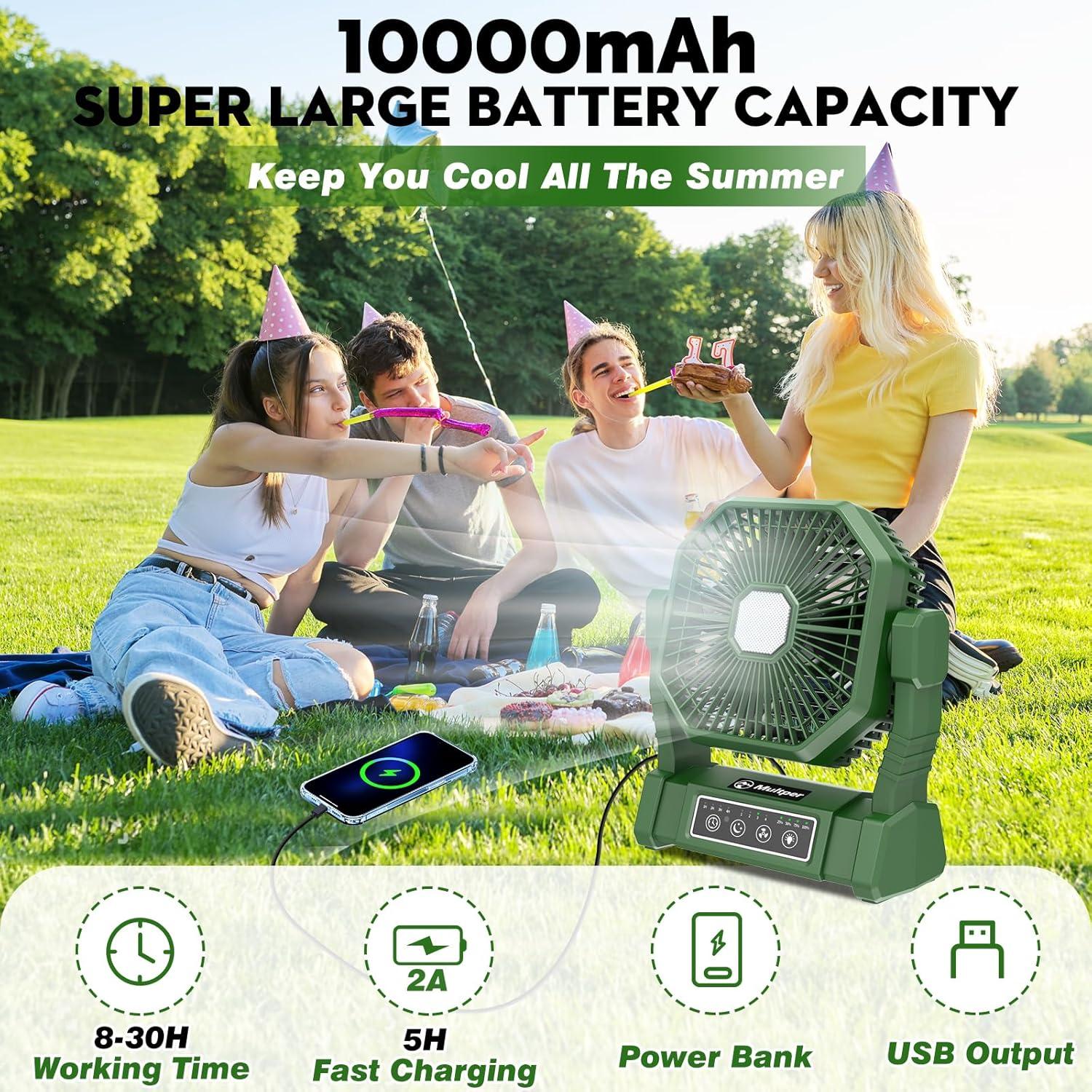 Ventilador de Camping Multper 10000mAh con Linterna LED y Control Remoto