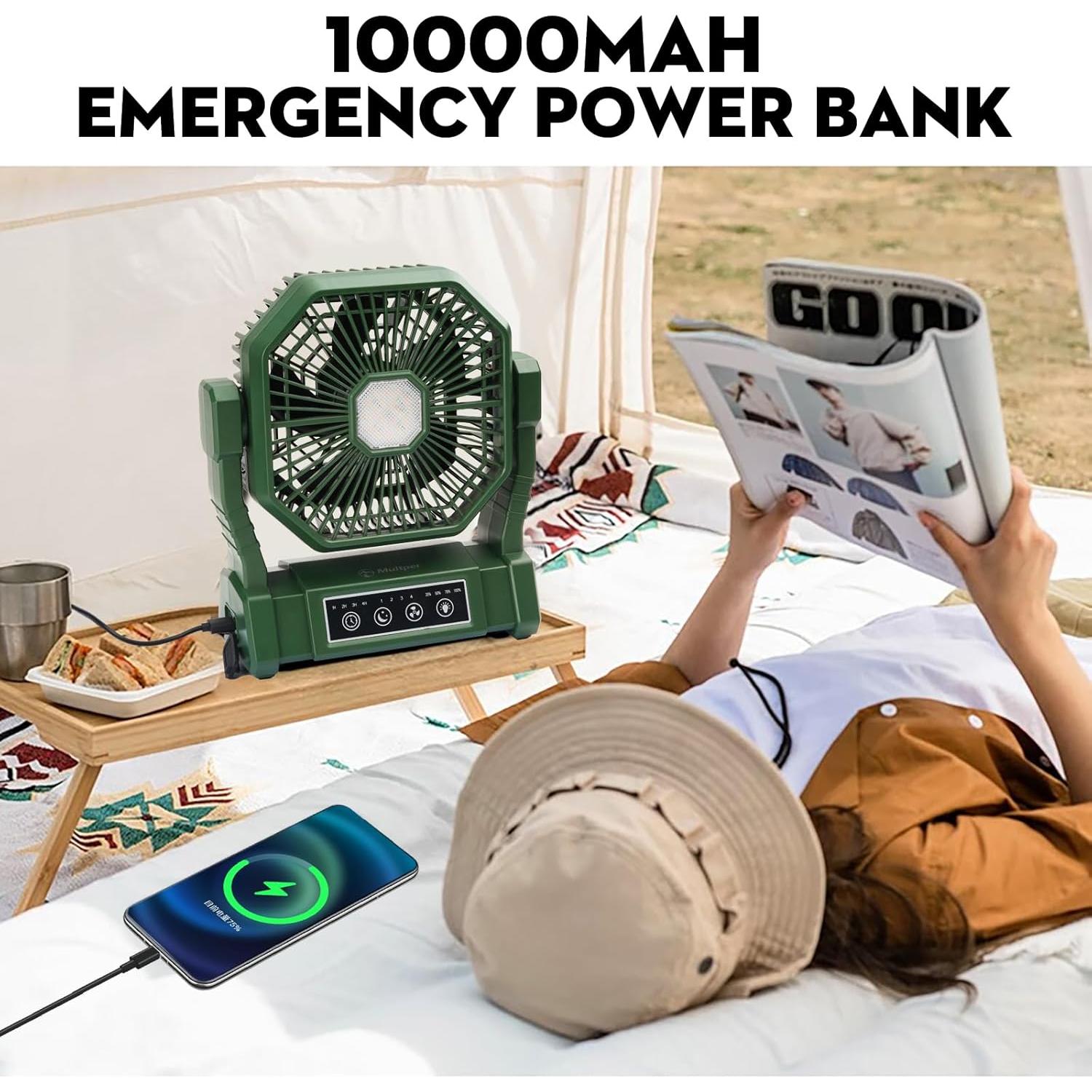 Ventilador de Camping Multper 10000mAh con Linterna LED y Control Remoto