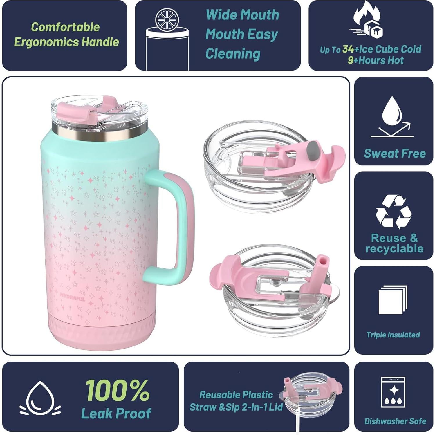 Taza aislada Hydraful 64 oz acero inoxidable negra - a prueba de fugas