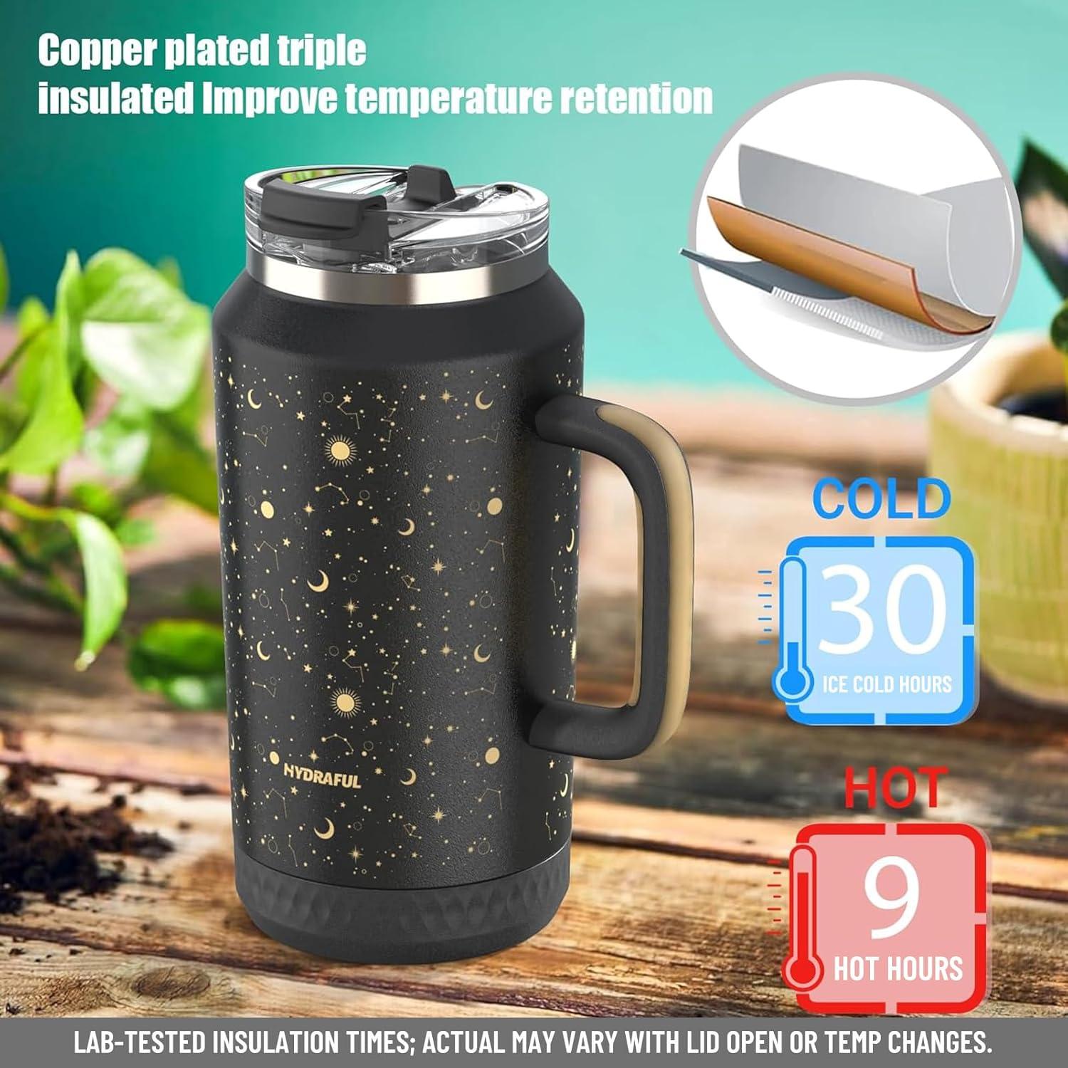 Taza aislada Hydraful 64 oz acero inoxidable negra - a prueba de fugas