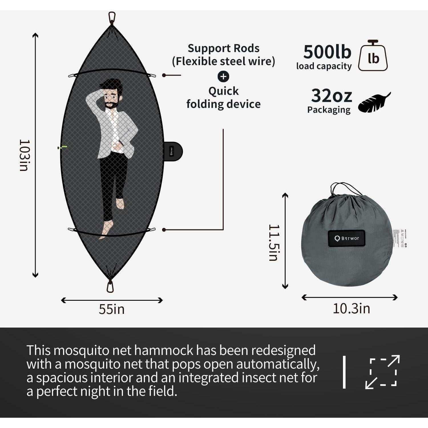 Hammock with Mosquito Net - Lightweight, Portable, 1 Person Hammock - for Camping, Hiking, Backpacking, Travel, a Festival, or The Beach