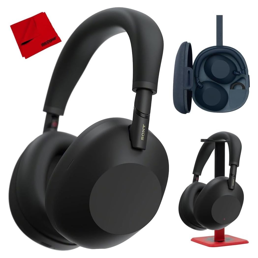 Sony WH-1000XM6 Best Wireless Noise Canceling Headphones, Black Bundle with Deco Gear Pro Audio Headphone Stand in Matte Black/Red