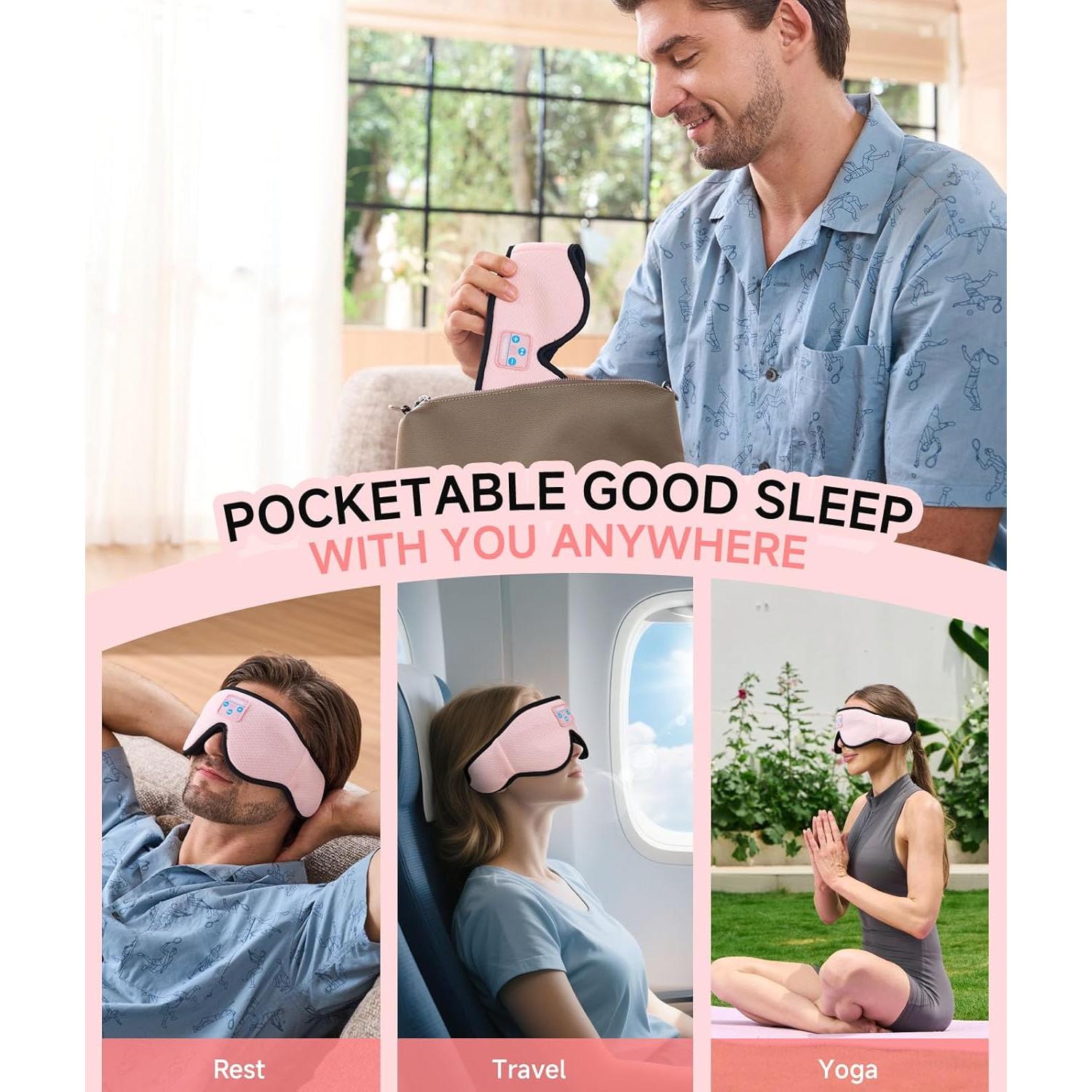 Auriculares para dormir Voerou Bluetooth 5.4, máscara 3D rosa