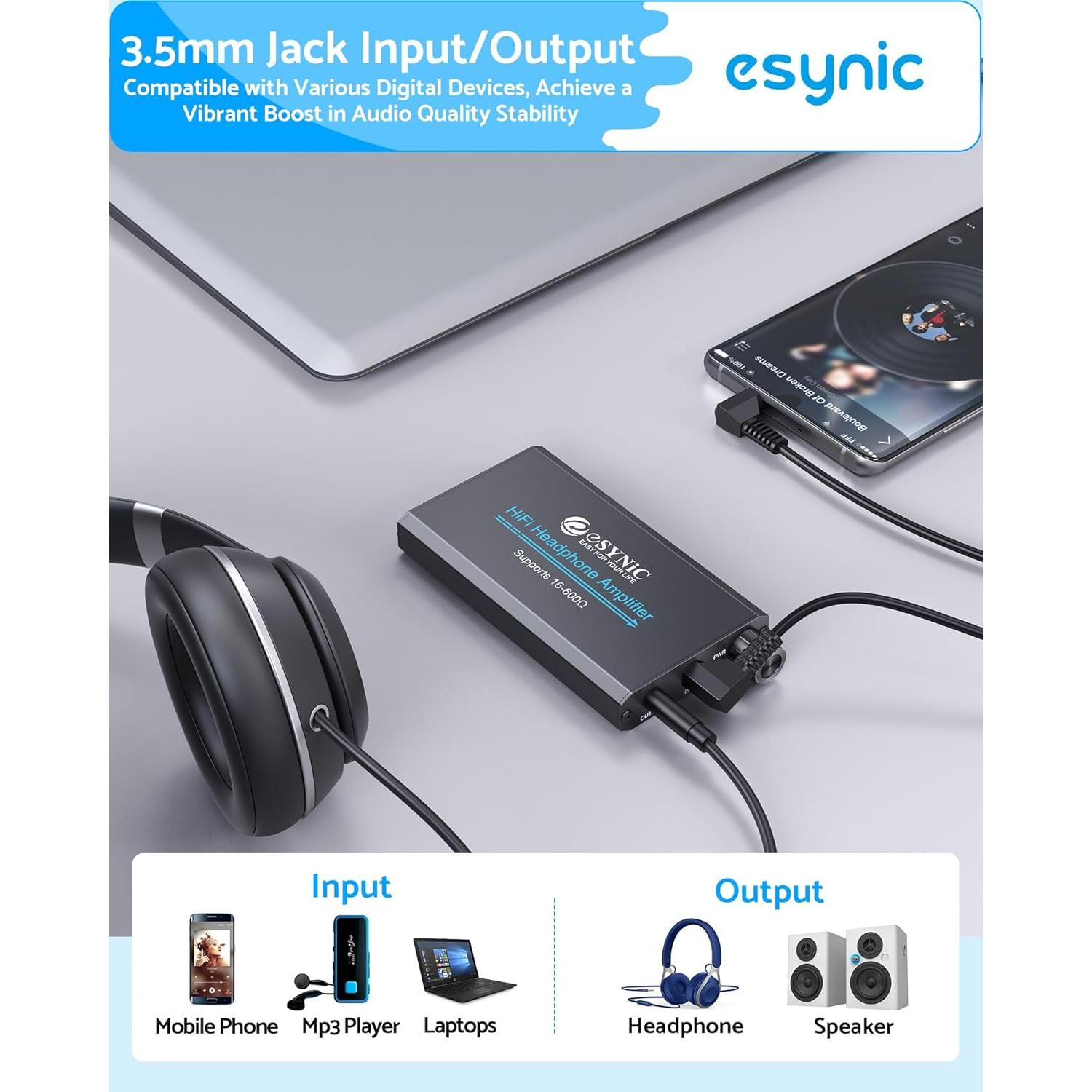 Amplificador de Auriculares Portátil eSynic 16-600Ω HiFi 12H