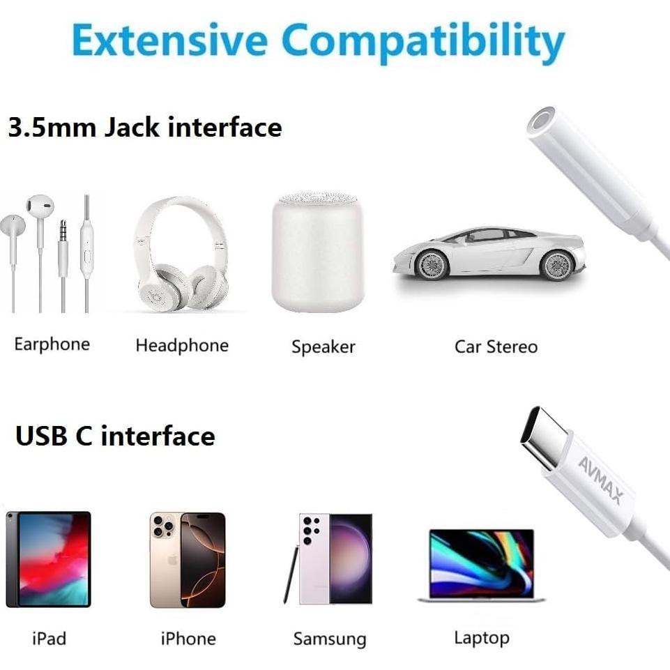 Adaptador de Auriculares AVMAX USB C a 3.5mm HiFi 2 Pack