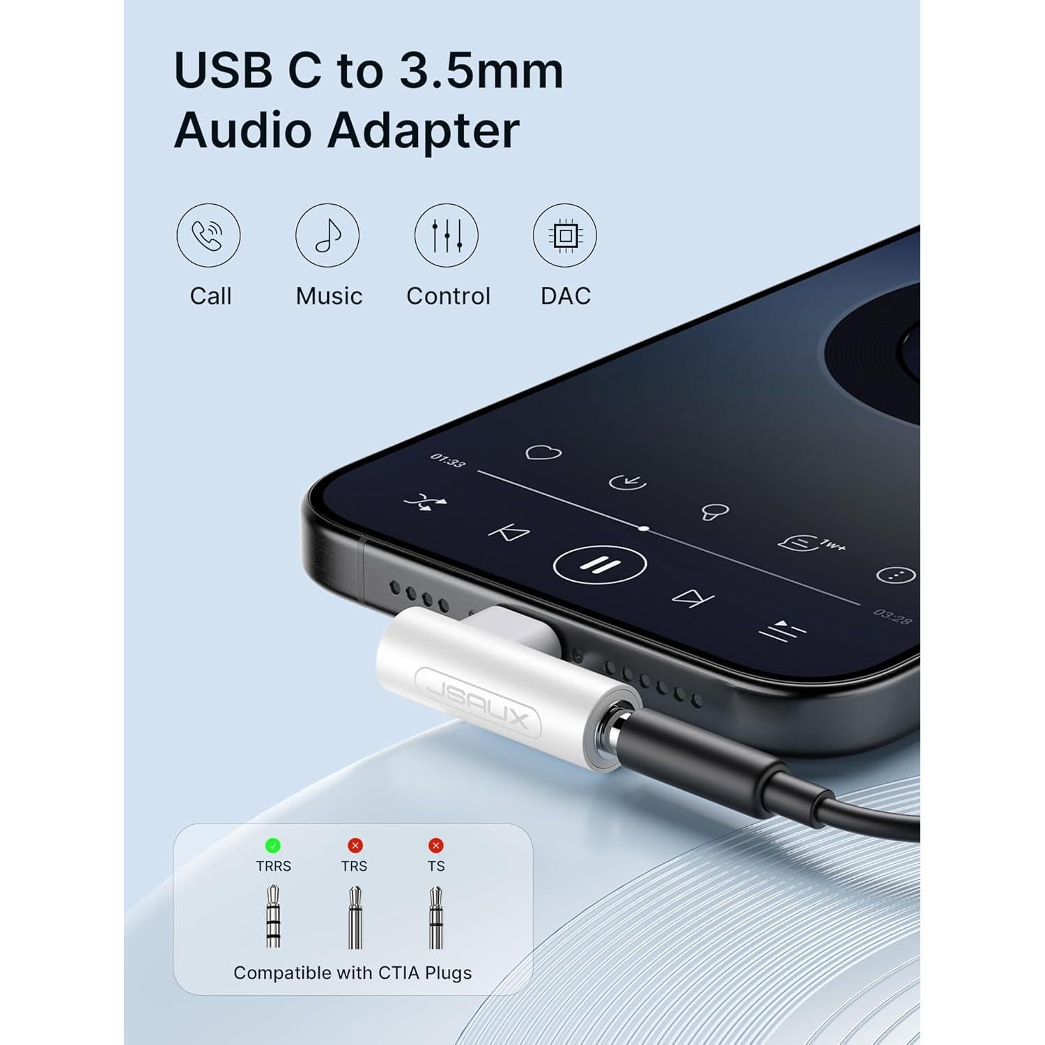 JSAUX 2 Pack Right Angle USB C to 3.5mm Audio Adapter, Type C to Aux Headphone Jack Adapter with 24bit DAC HiFi Dongle Compatible with Galaxy S24/S23 Ultra, Pixel 9/8, iPad Pro, MacBook, iPhone 17/16