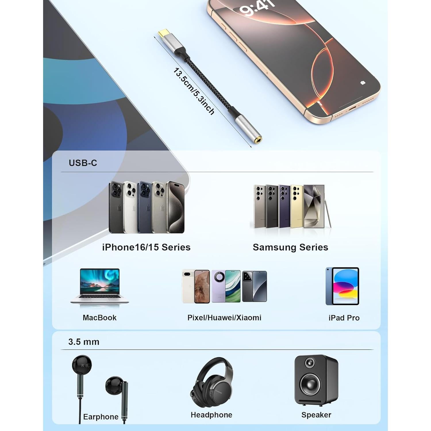 Adaptador USB C a 3.5mm Bkduice HiFi - 2 Paquete