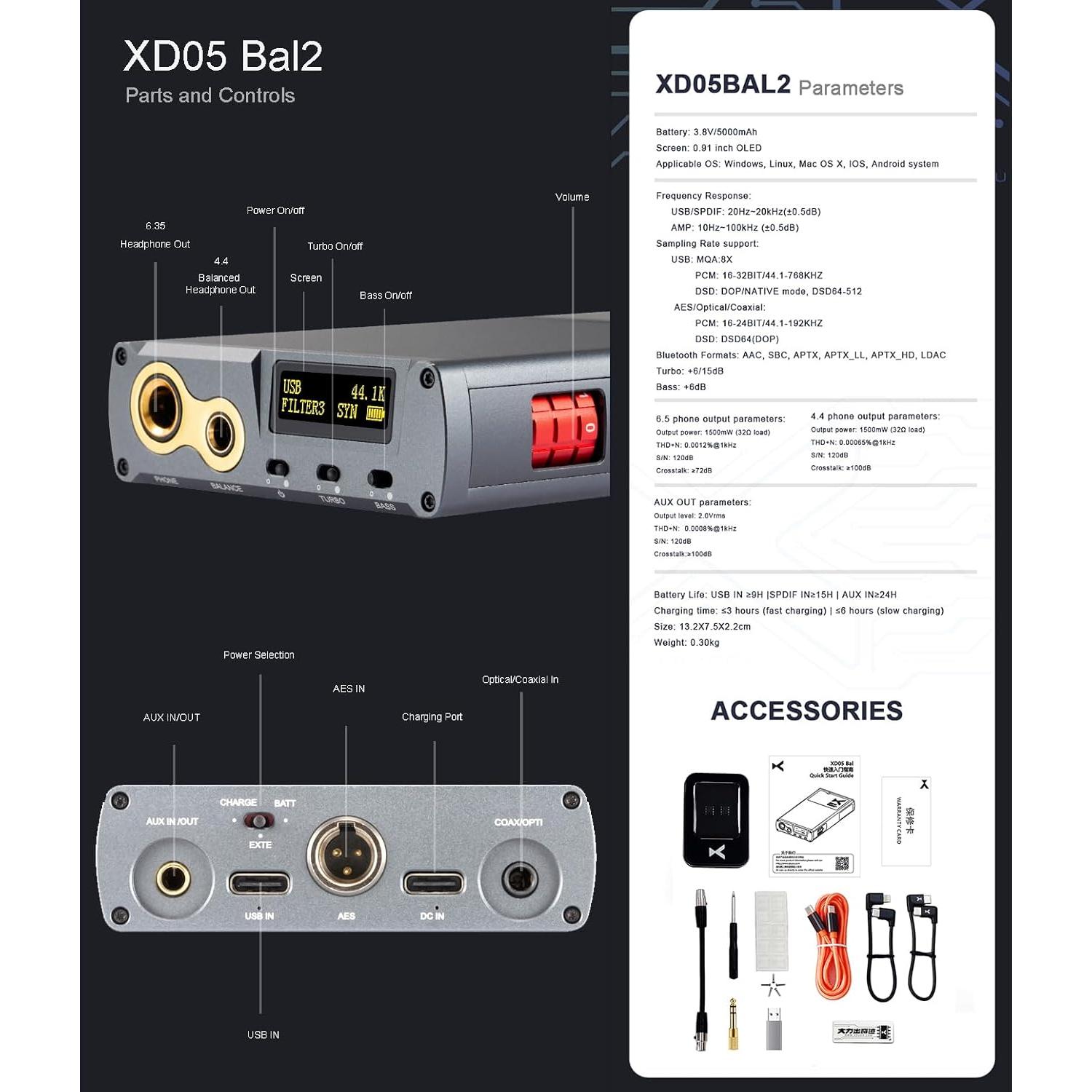 Amplificador DAC Portátil xDuoo XD05 BAL2 1500mW Bluetooth 5.1