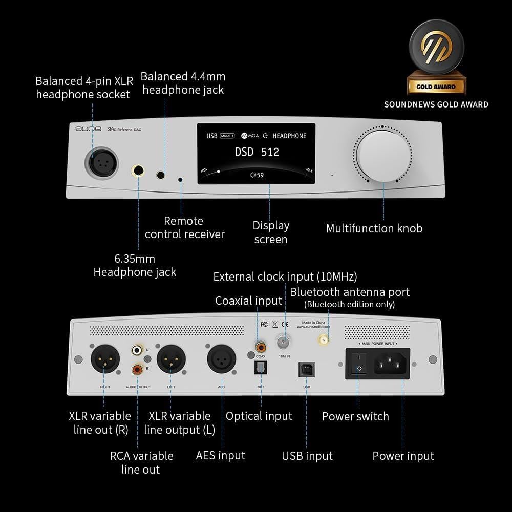 DAC Amplificador de Auriculares Aune S9c Pro 32bit 768kHz Plata