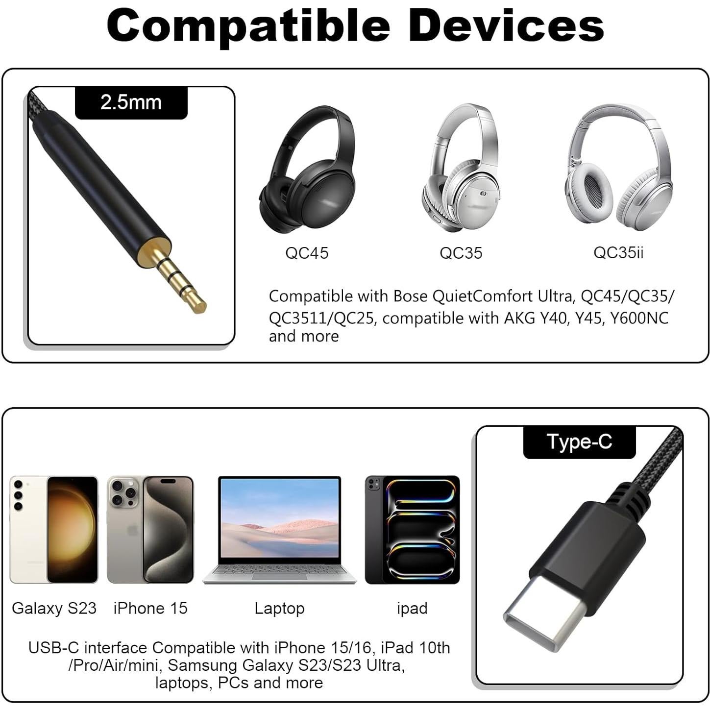 Cable de audio USB-C a 2.5mm Puiixur para Bose y AKG