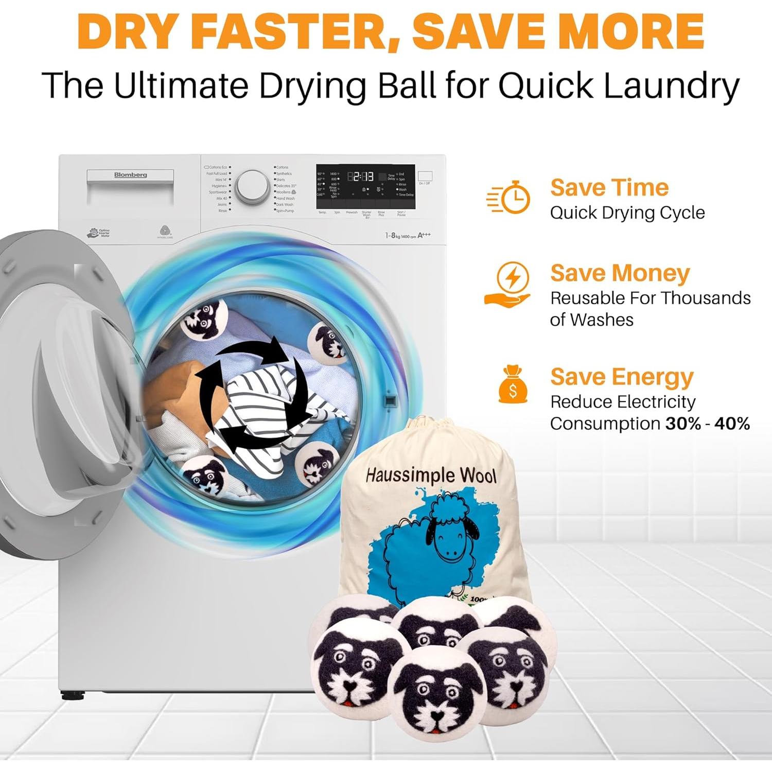 Bolas de Secado de Lana Orgánica 6 Pack Haussimple XL