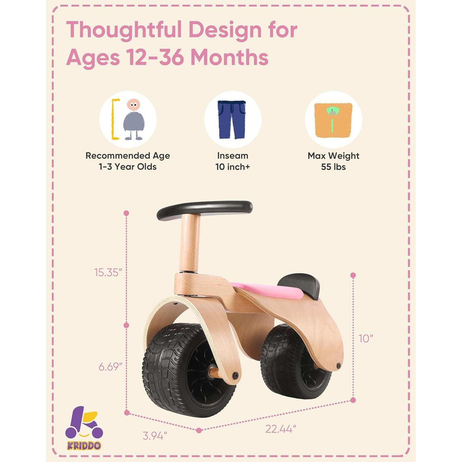 Bicicleta de Equilibrio KRIDDO de Madera para Bebés 1-3 Años