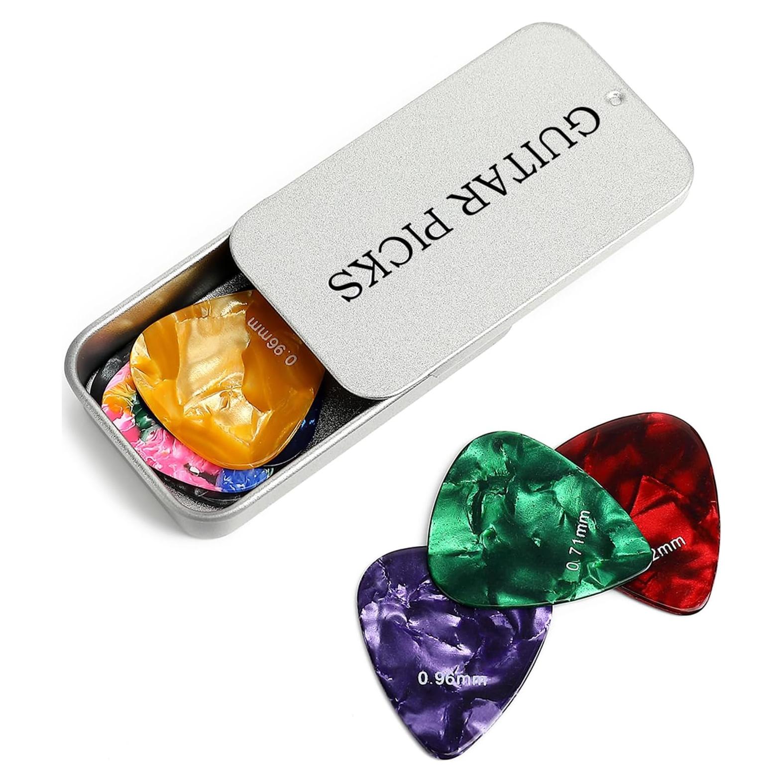 Puas de guitarra de celuloide 15 paquetes con caja metálica