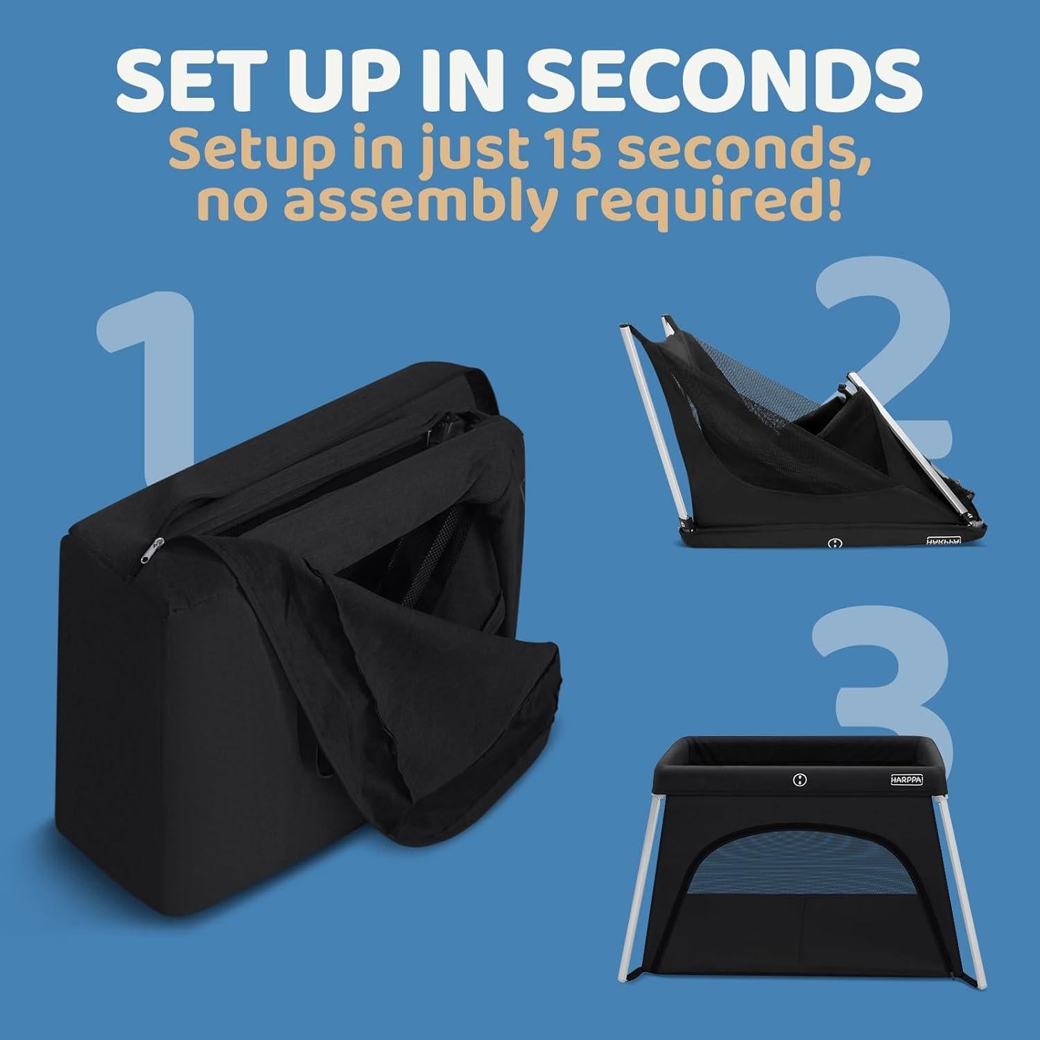 Cuna de viaje HARPPA 3 en 1 portátil negra, plegable y ligera
