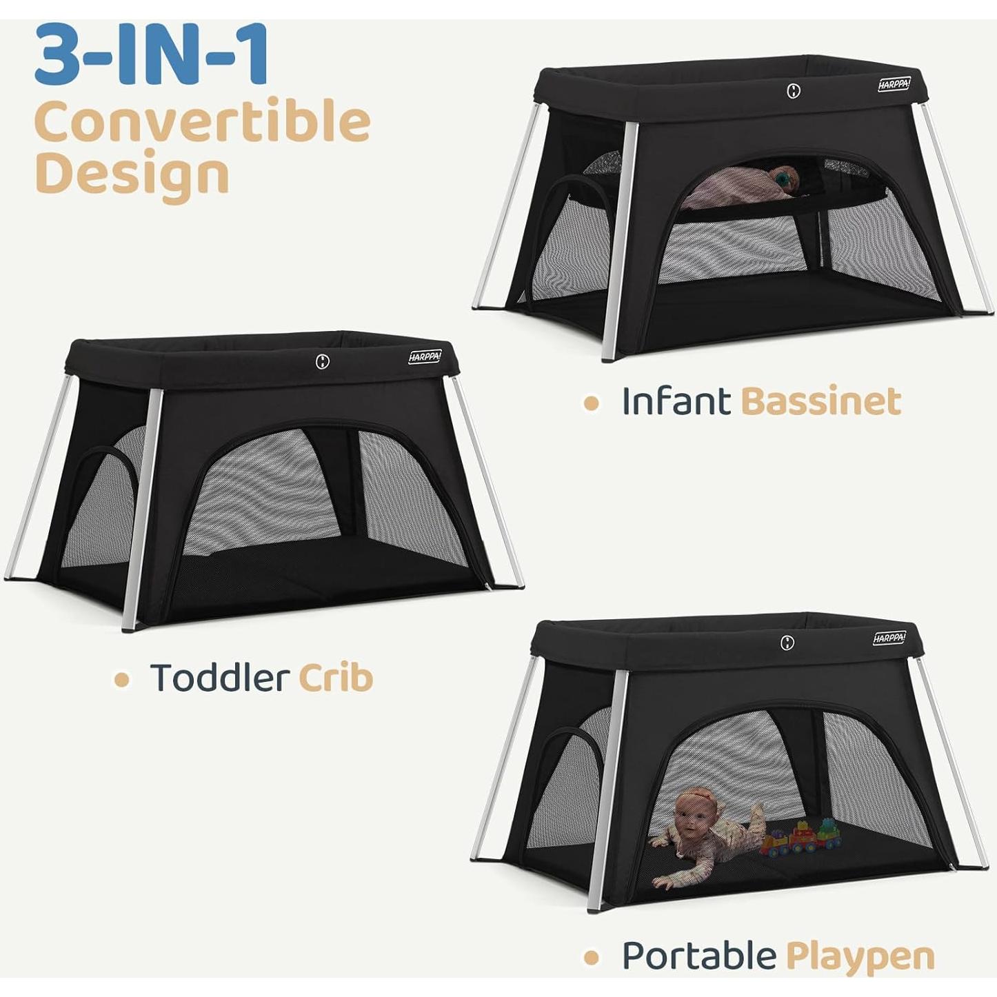 Cuna de viaje HARPPA 3 en 1 portátil negra, plegable y ligera