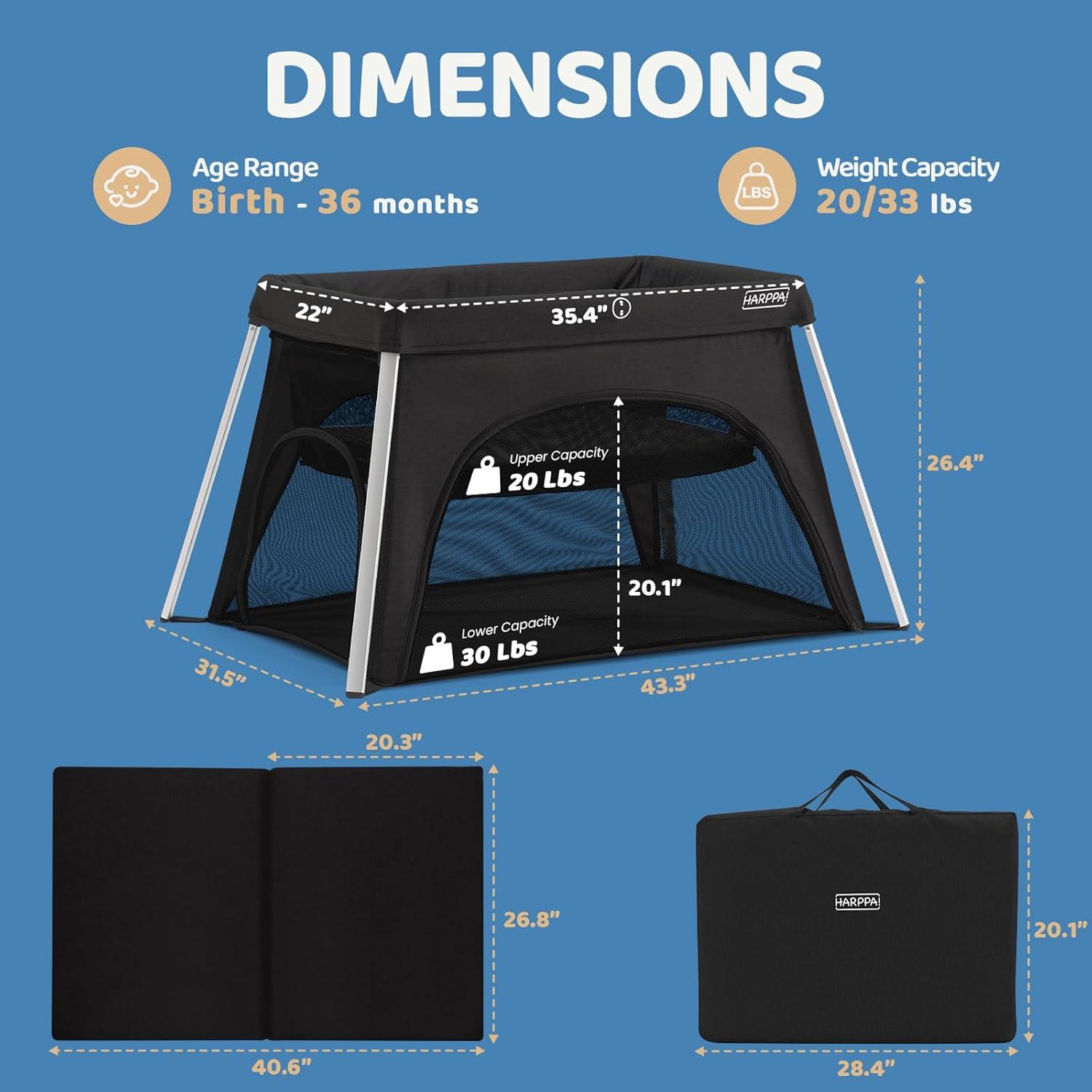Cuna de viaje HARPPA 3 en 1 portátil negra, plegable y ligera