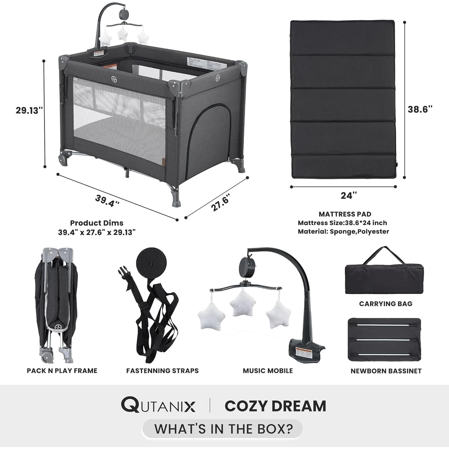 Cuna 2 en 1 QUTANIX Gris Oscuro - Cuna y Parque Infantil