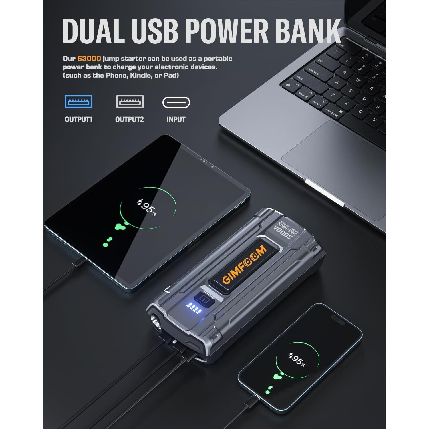 Arrancador de Coche GIMFOOM S3000 3000A 12V con Luz LED