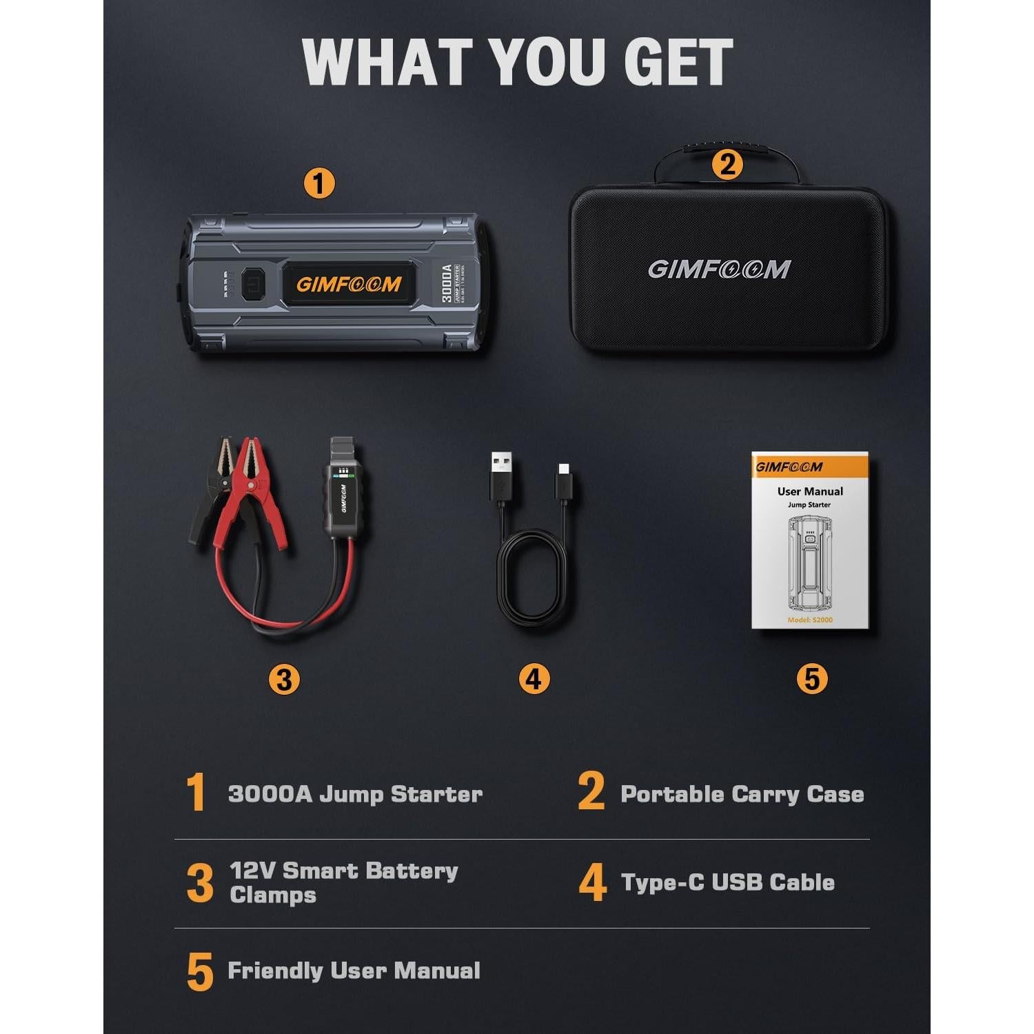 Arrancador de Coche GIMFOOM S3000 3000A 12V con Luz LED