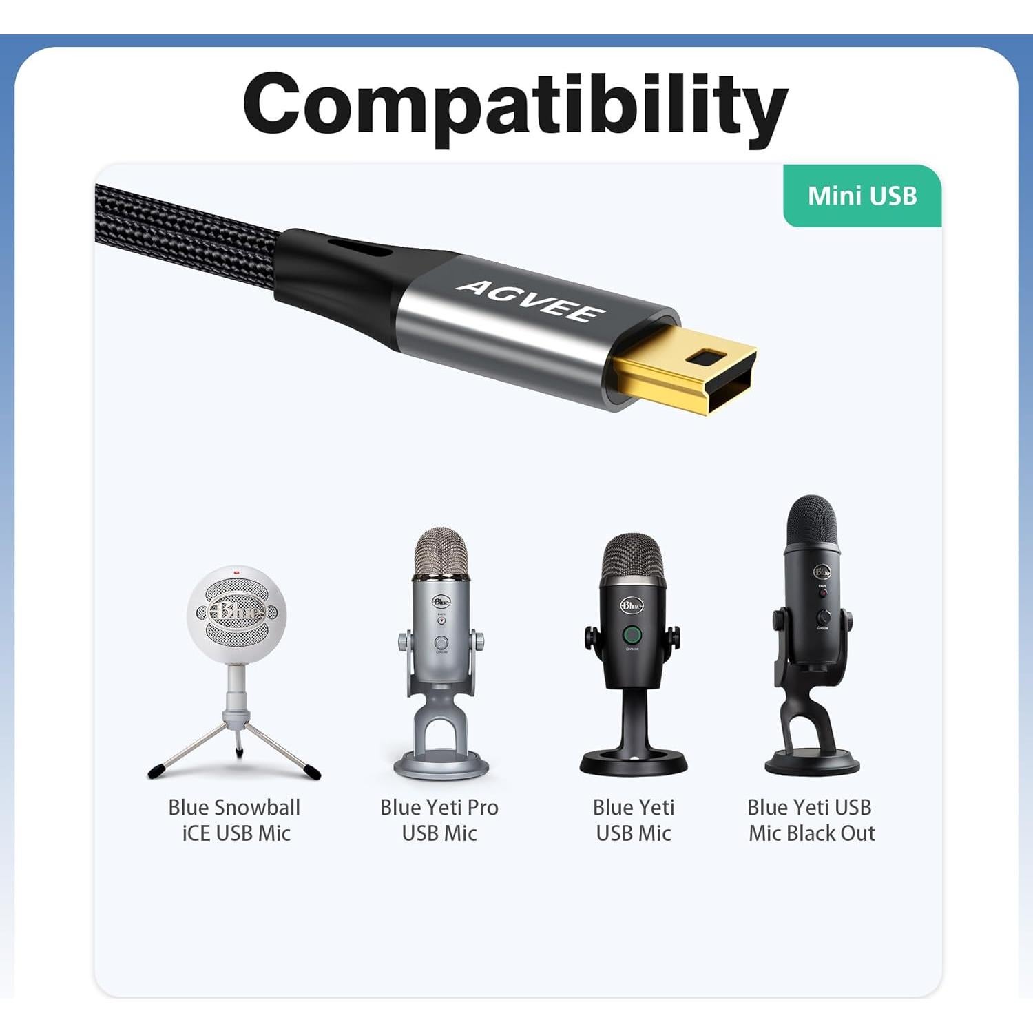 Cable USB 2.0 AGVEE 1m para Micrófonos Blue Yeti y Snowball