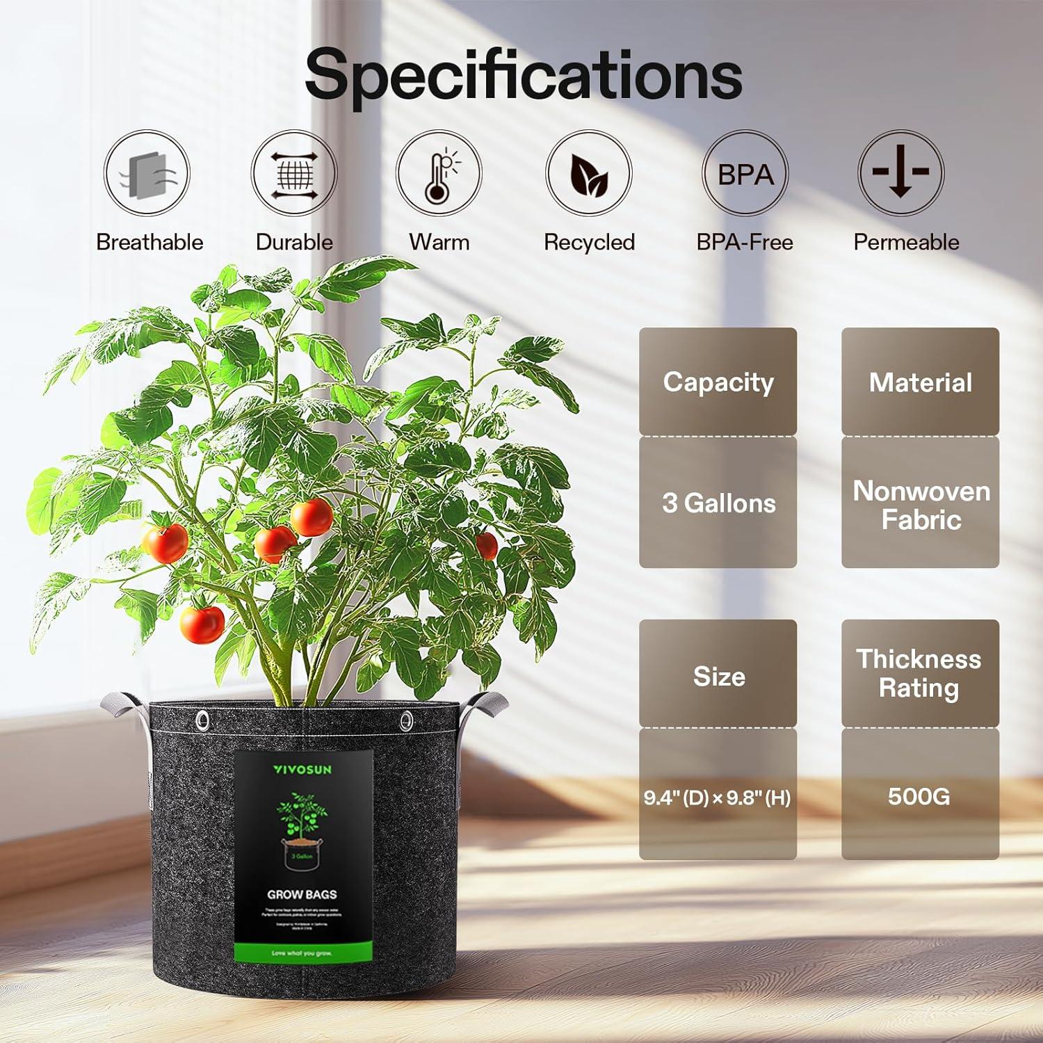 Bolsas de Cultivo VIVOSUN 3 Galones - Paquete de 5 Unidades