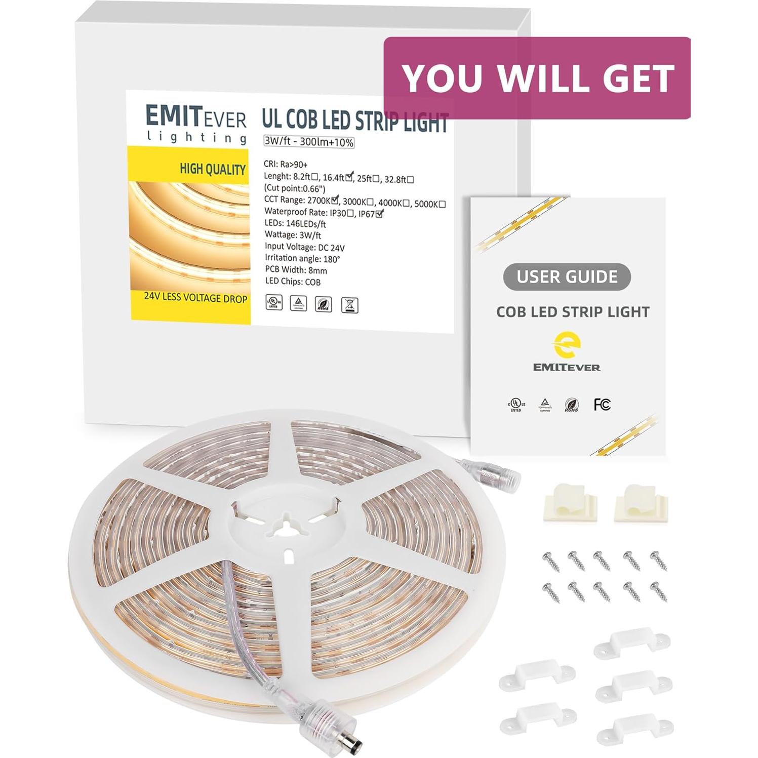 Tira de Luz LED COB 5m EMITEVER 2700K IP67 Regulable