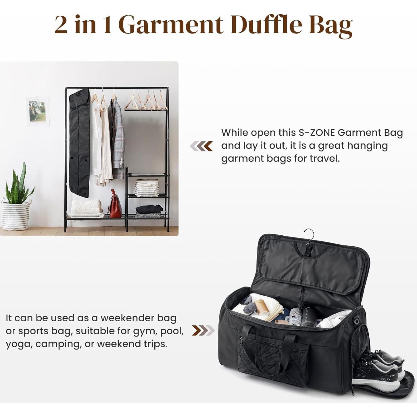 Bolsa Duffle S-ZONE 50L Negra 2 en 1 con Bolsa de Aseo