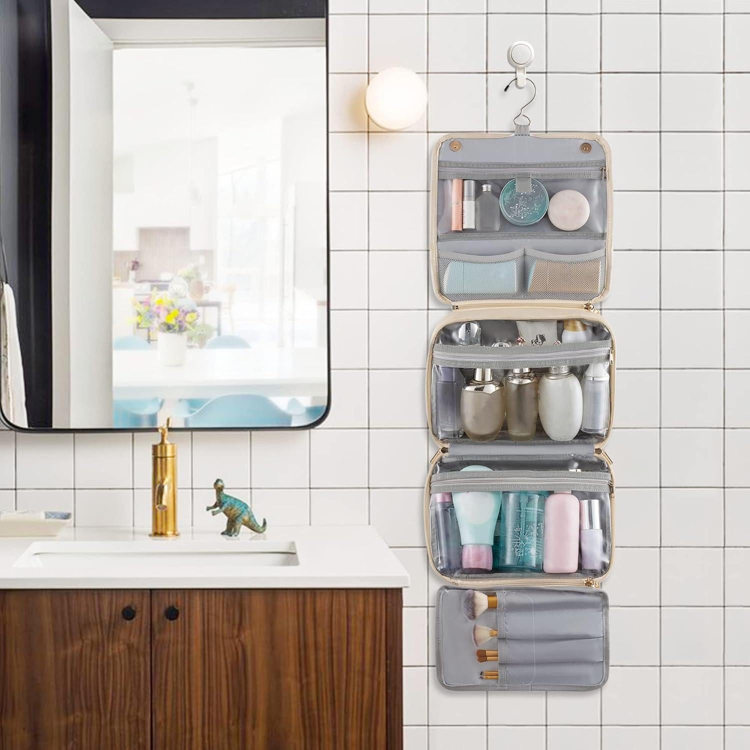 Bolsa de Aseo Colgante Elviros Beige 3 en 1 Impermeable