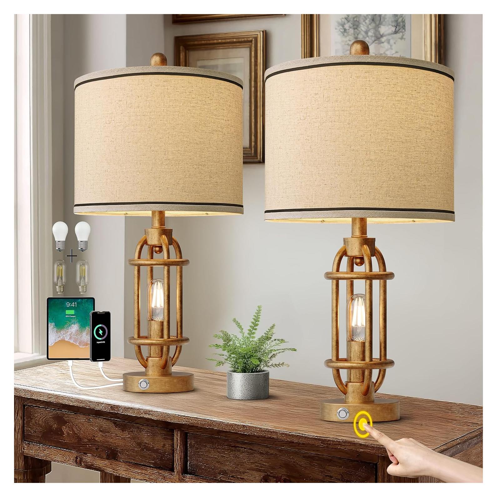 Juego de 2 lámparas de mesa G-SAFAVA 60 cm oro antiguo USB