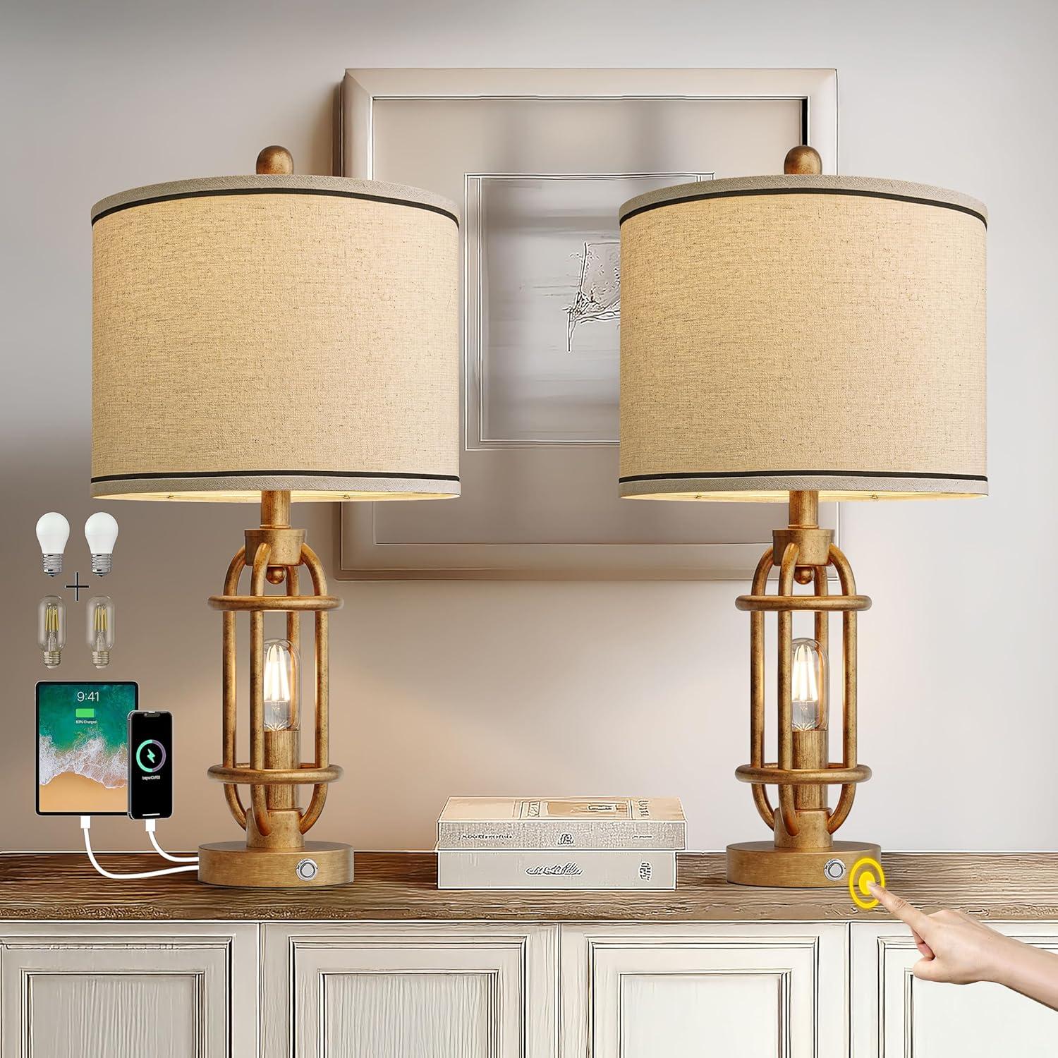 Juego de 2 lámparas de mesa G-SAFAVA 60 cm oro antiguo USB