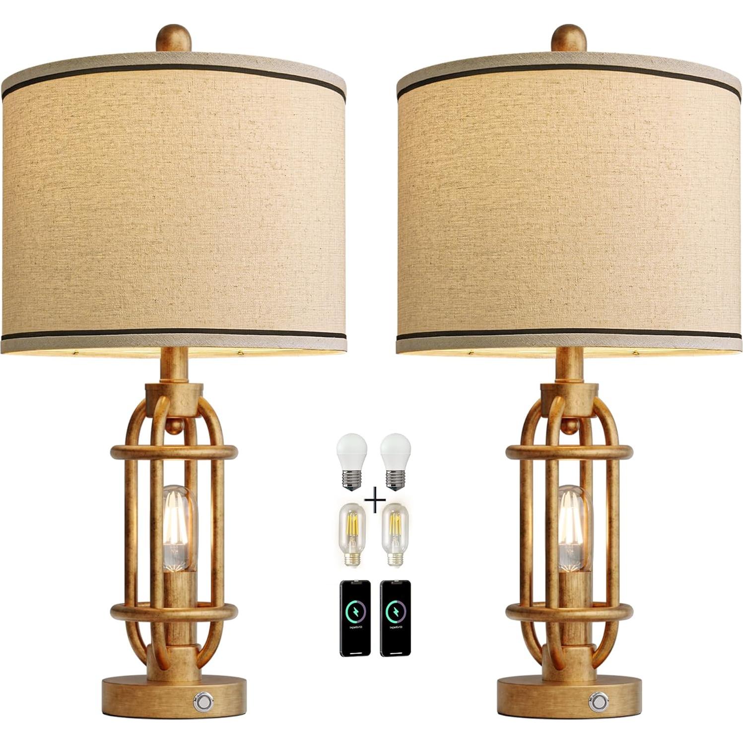 Juego de 2 lámparas de mesa G-SAFAVA 60 cm oro antiguo USB