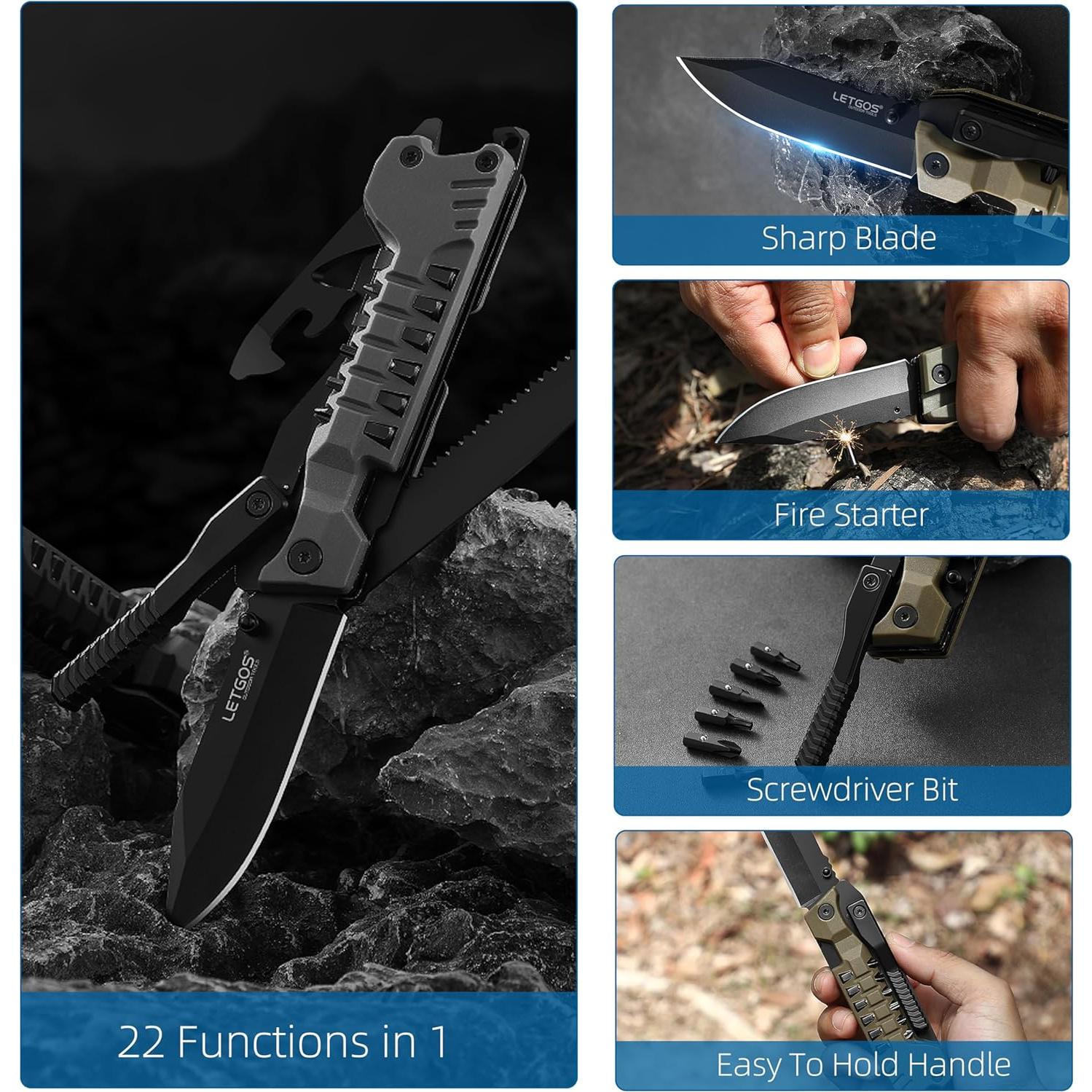 Cuchillo Multiusos 22 en 1 LETGOS con Funda de Nailon Negro