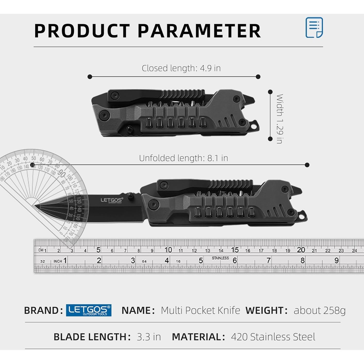 Cuchillo Multiusos 22 en 1 LETGOS con Funda de Nailon Negro
