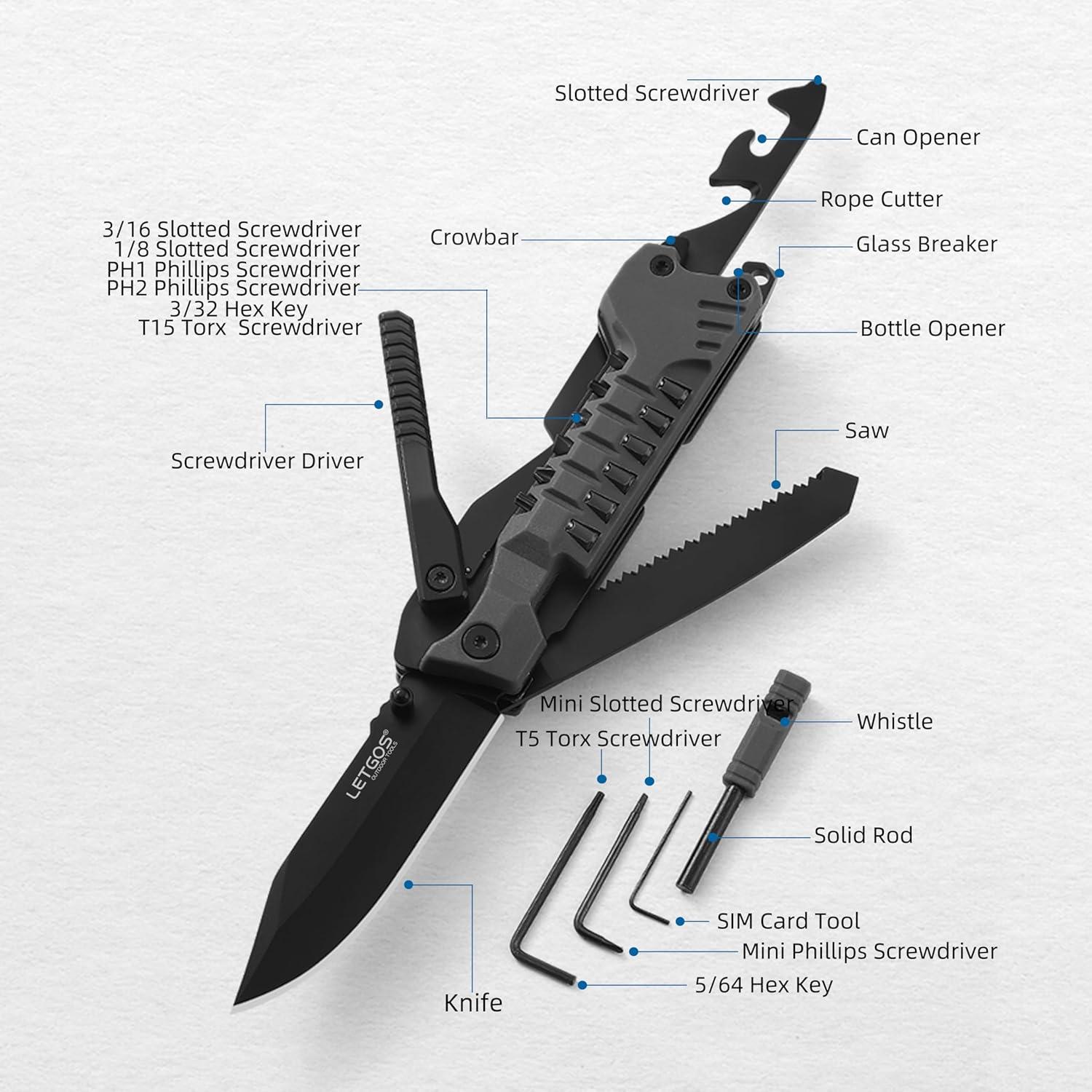 Cuchillo Multiusos 22 en 1 LETGOS con Funda de Nailon Negro