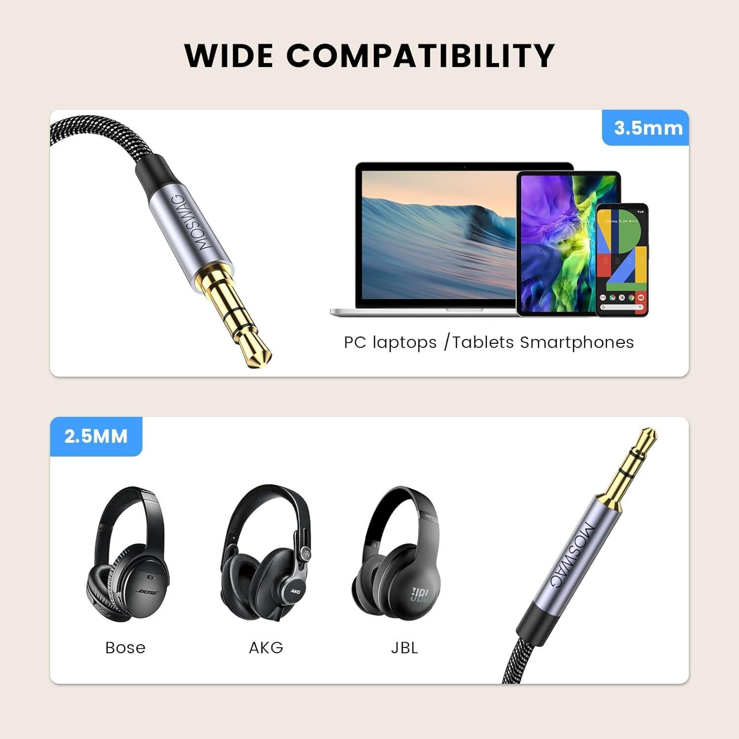 Cable de Audio 3.5mm a 2.5mm MOSWAG 1m Compatible Bose JBL