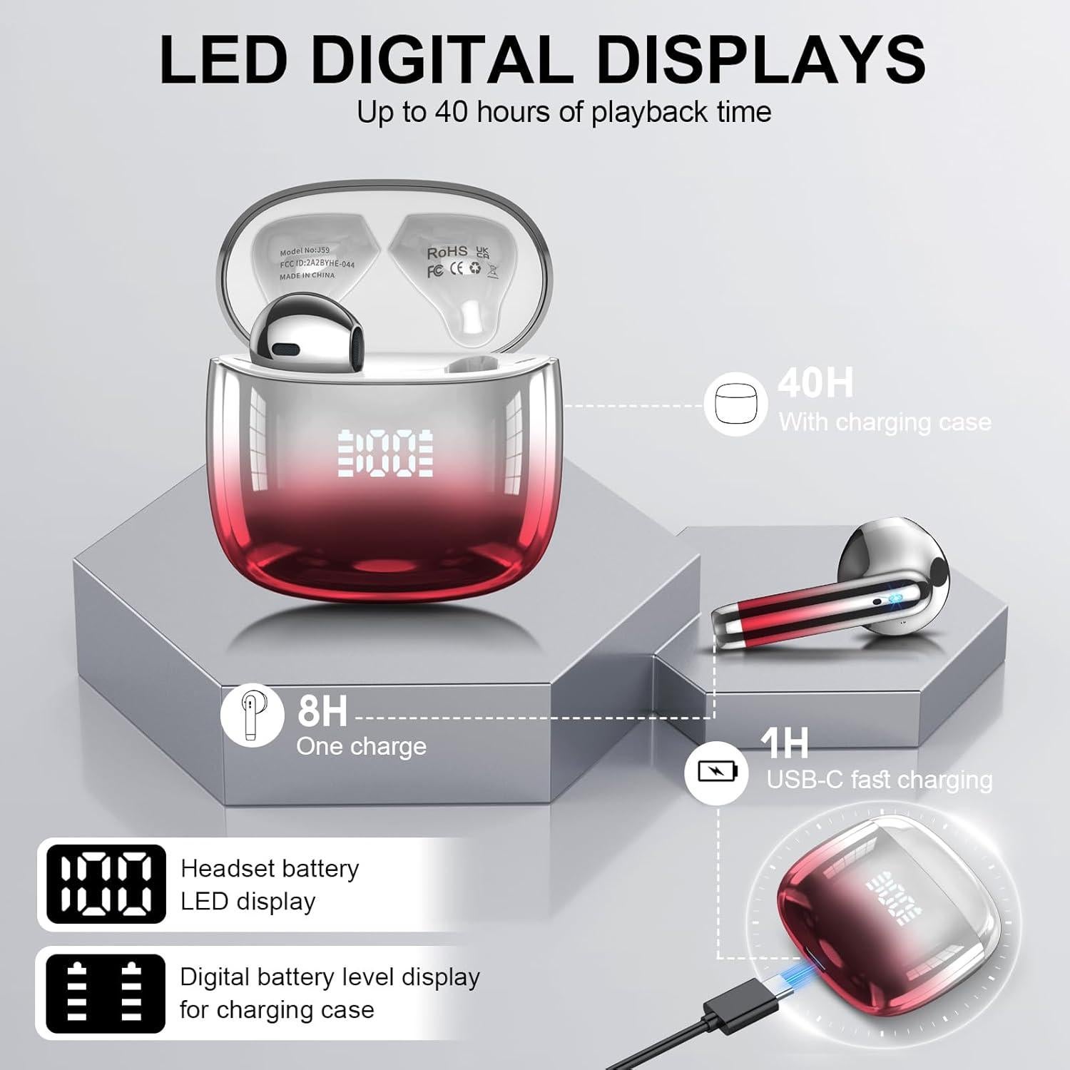 Auriculares Inalámbricos DUCOCUB J59 Bluetooth 5.4 IPX7 Rojo