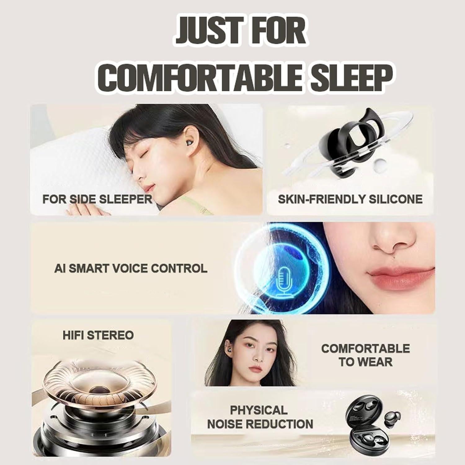 Auriculares para dormir Q26S Jiaxing, Bluetooth 5.3, color piel