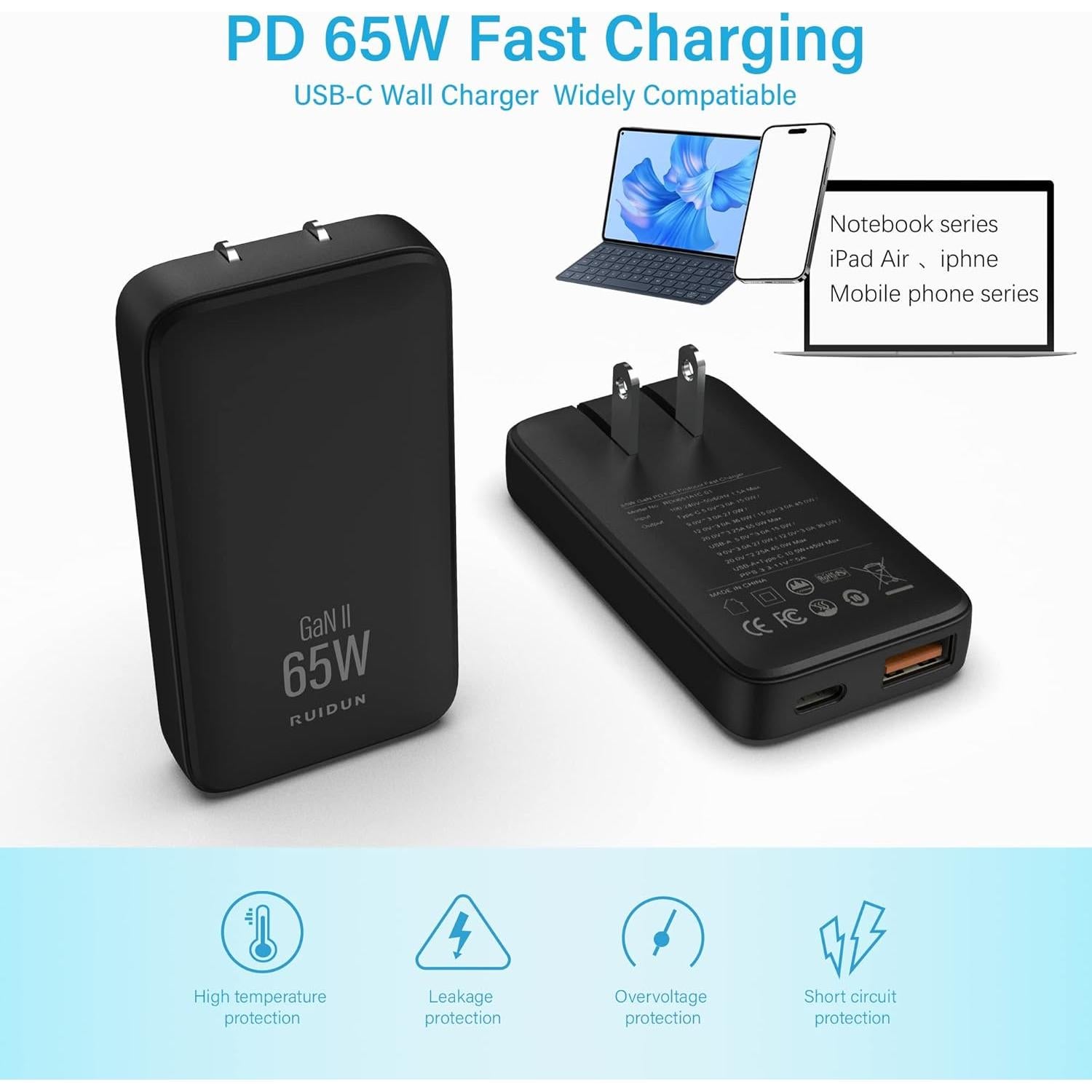 Cargador USB C 65W RUIDUN con Doble Puerto y PD 3.0
