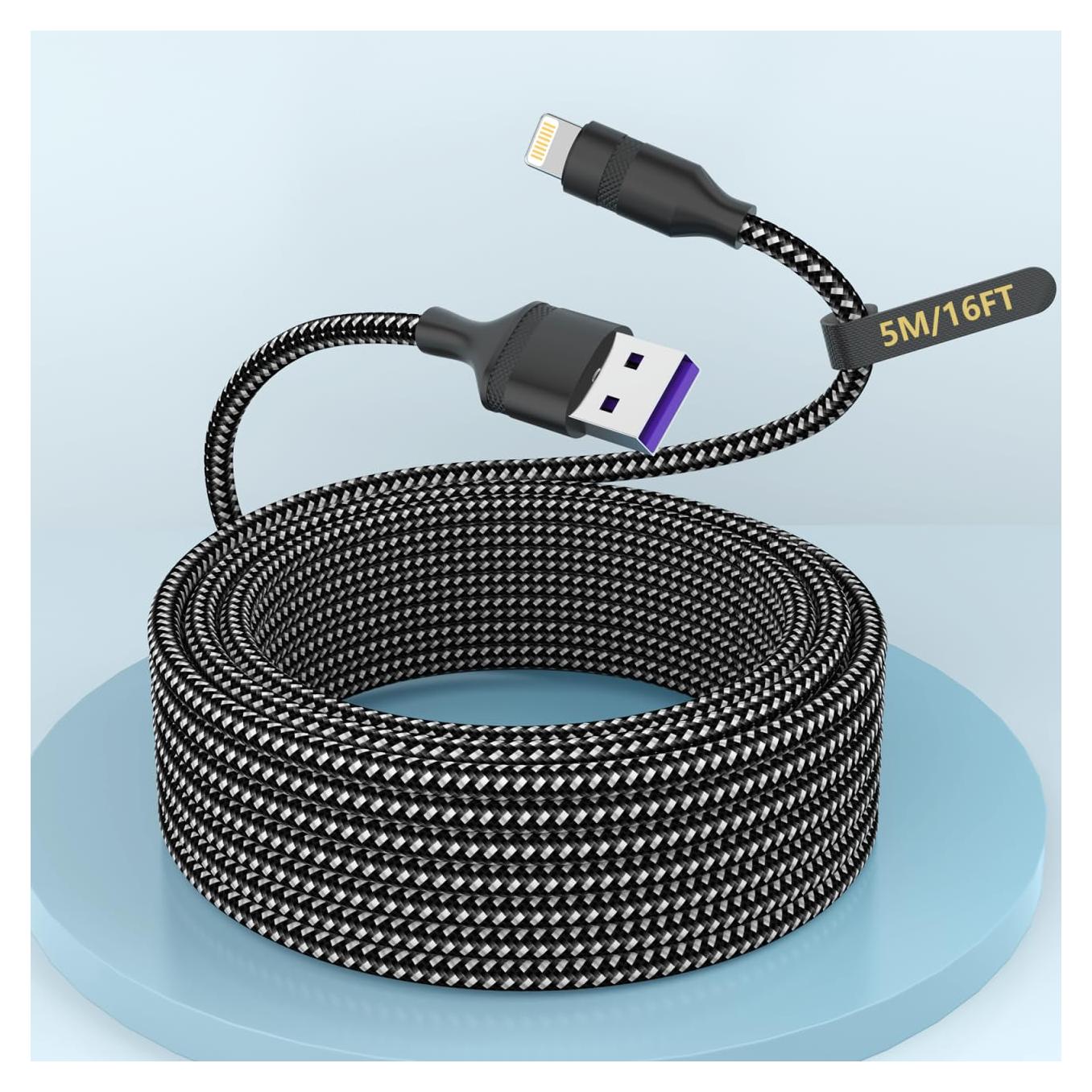 Cable de Carga USB A a Lightning 5M Negro MFi para iPhone