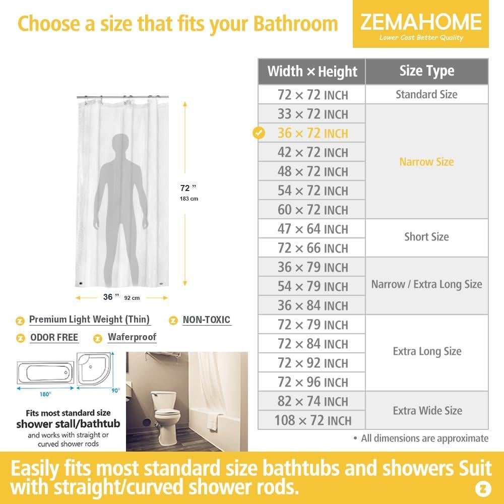 Cortina de Ducha ZEMAHOME 91.44x182.88 cm Transparente PEVA