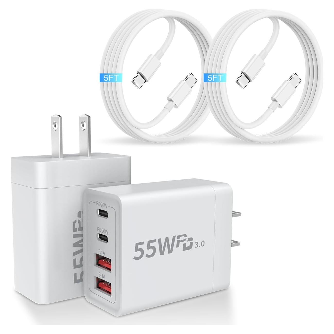 Cargador USB-C 55W Hosowe 4 Puertos con 2 Cables Lightning