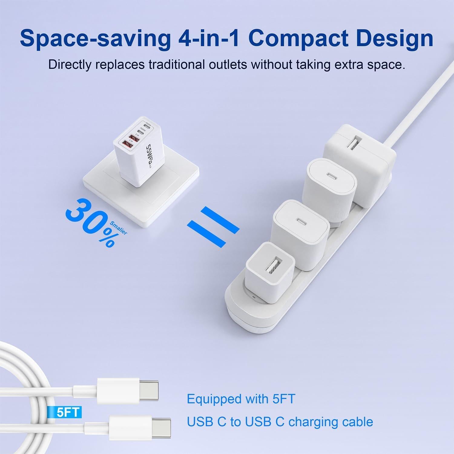 Cargador USB-C 55W Hosowe 4 Puertos con 2 Cables Lightning