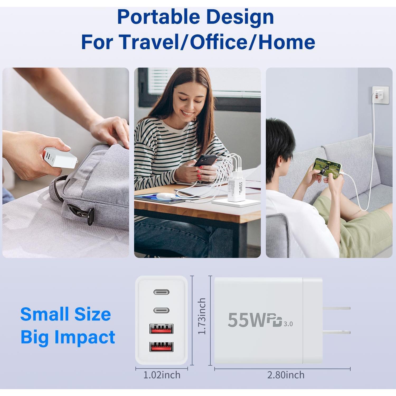 Cargador USB-C 55W Hosowe 4 Puertos con 2 Cables Lightning