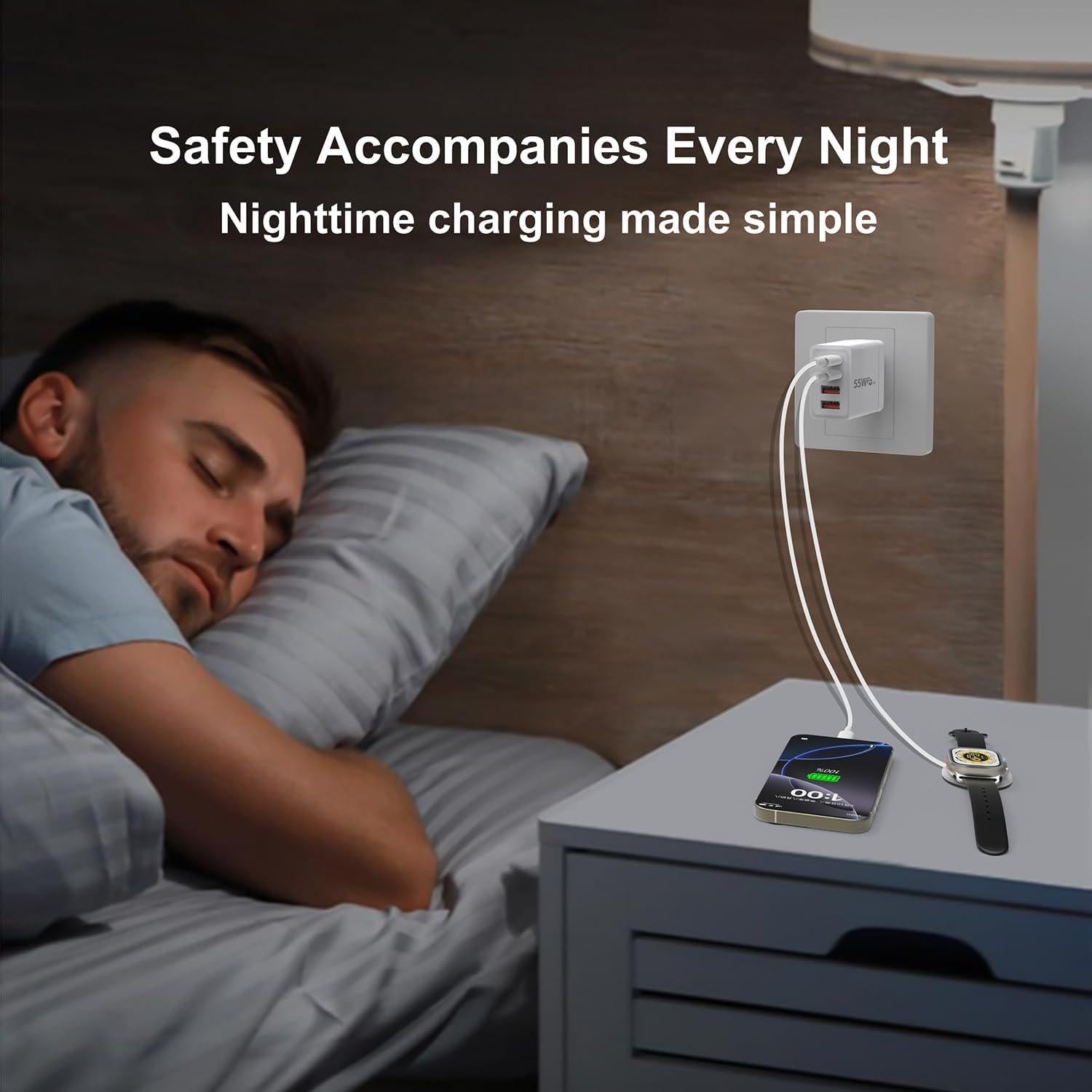 Cargador USB-C 55W Hosowe 4 Puertos con 2 Cables Lightning